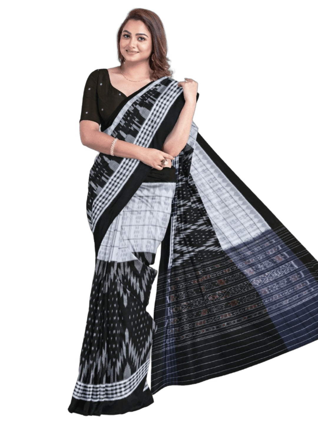 Black and White half half body coloured Odisha Ikat saree with cotton ikat blouse piece