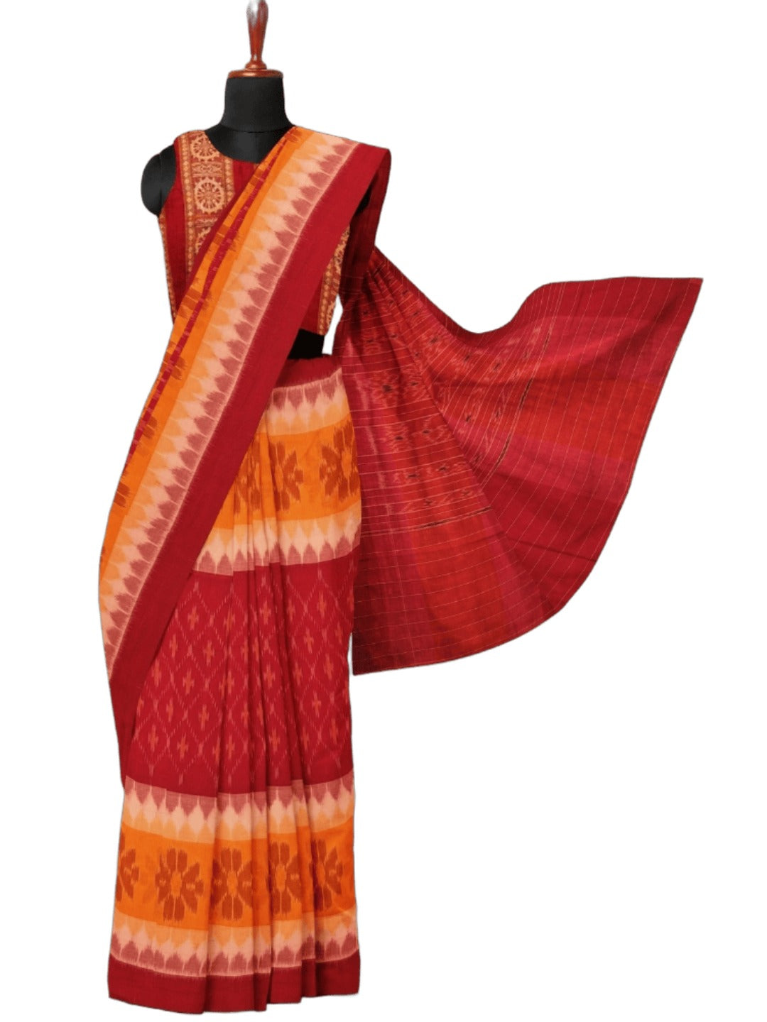 Red Yellow Cotton Odisha Ikat saree with mix match cotton ikat blouse