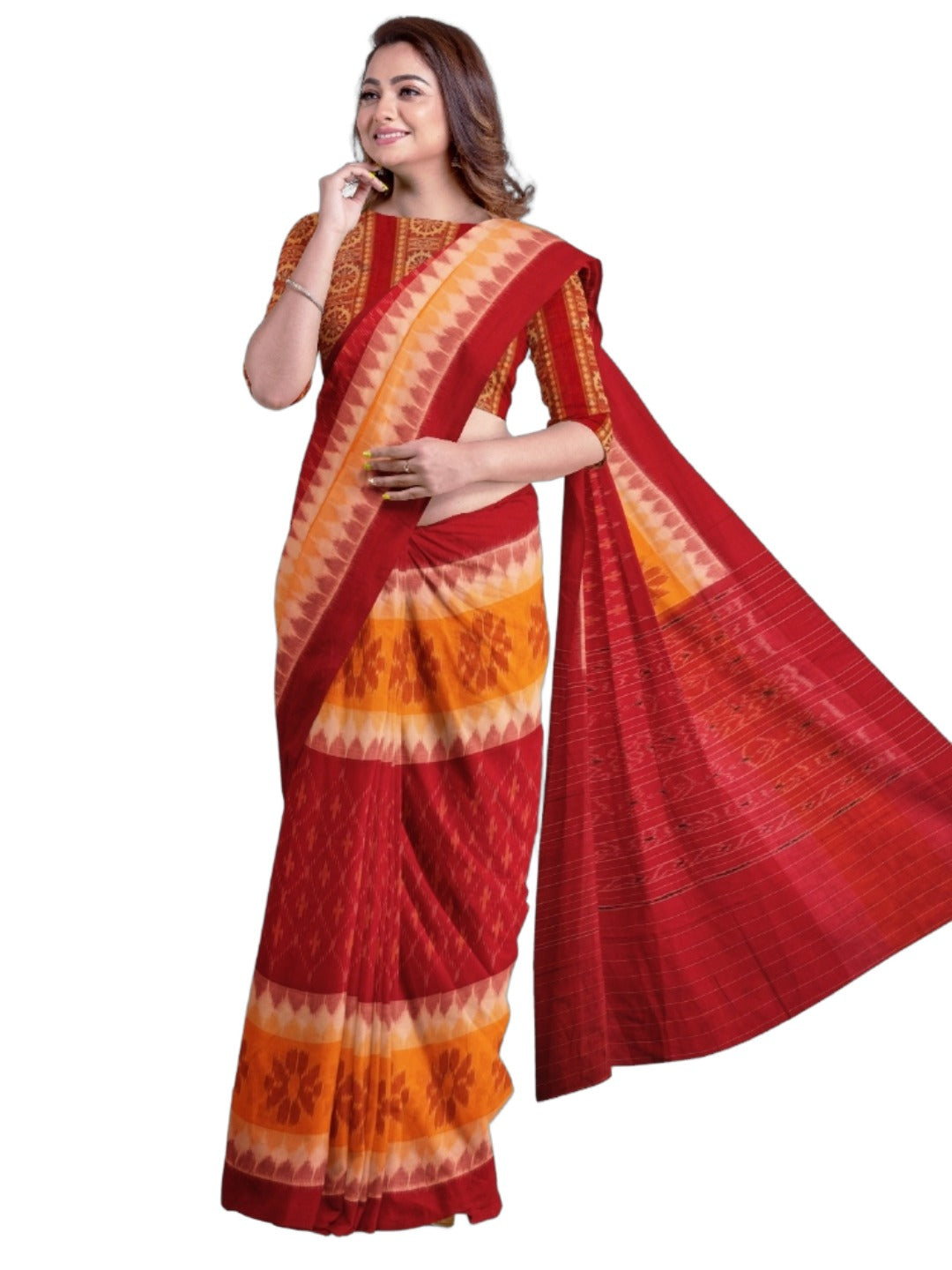 Red Yellow Cotton Odisha Ikat saree with mix match cotton ikat blouse