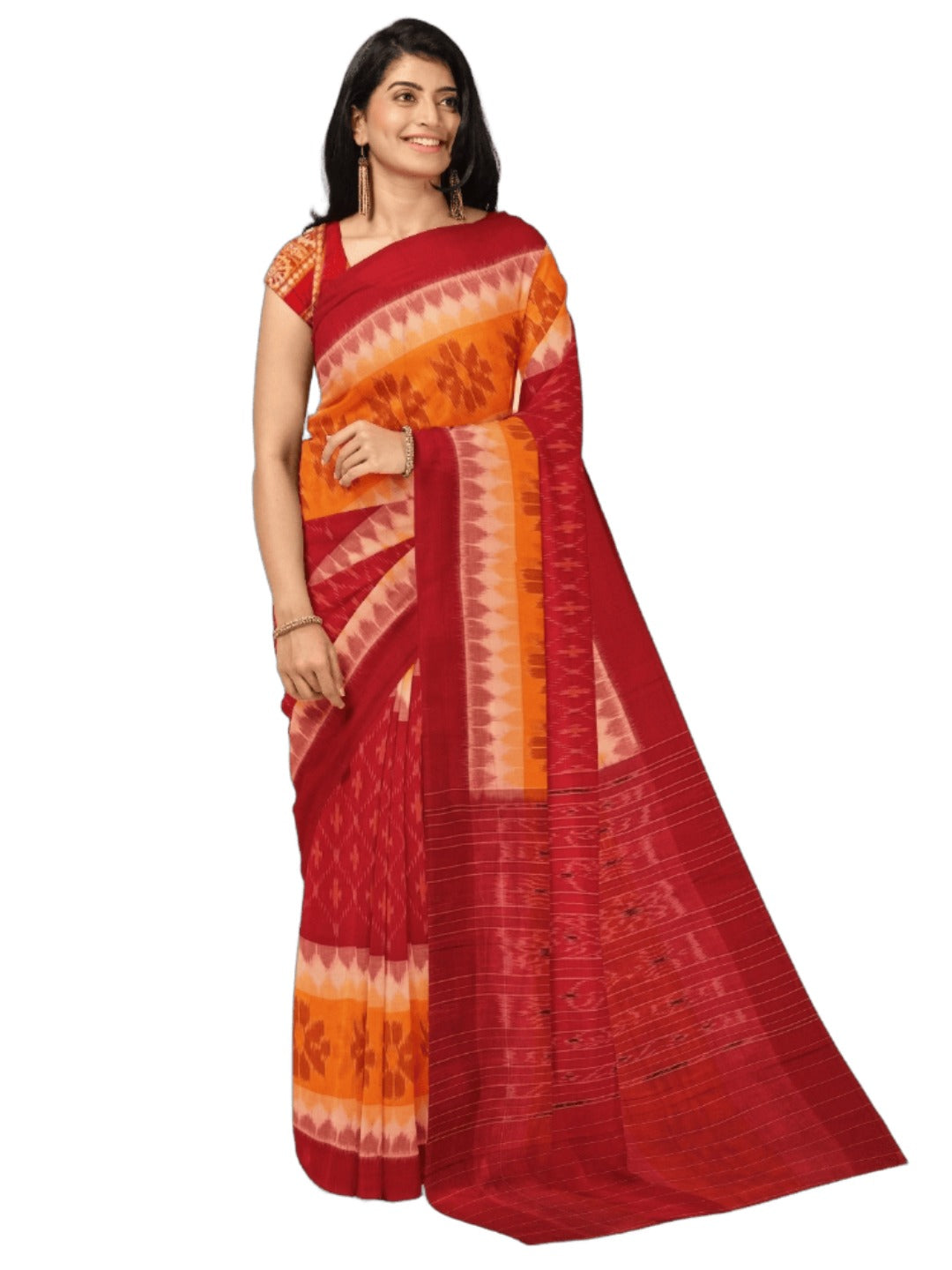 Red Yellow Cotton Odisha Ikat saree with mix match cotton ikat blouse