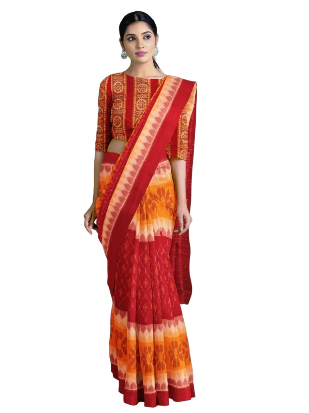 Red Yellow Cotton Odisha Ikat saree with mix match cotton ikat blouse