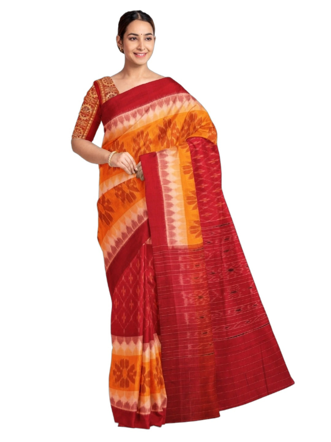 Red Yellow Cotton Odisha Ikat saree with mix match cotton ikat blouse