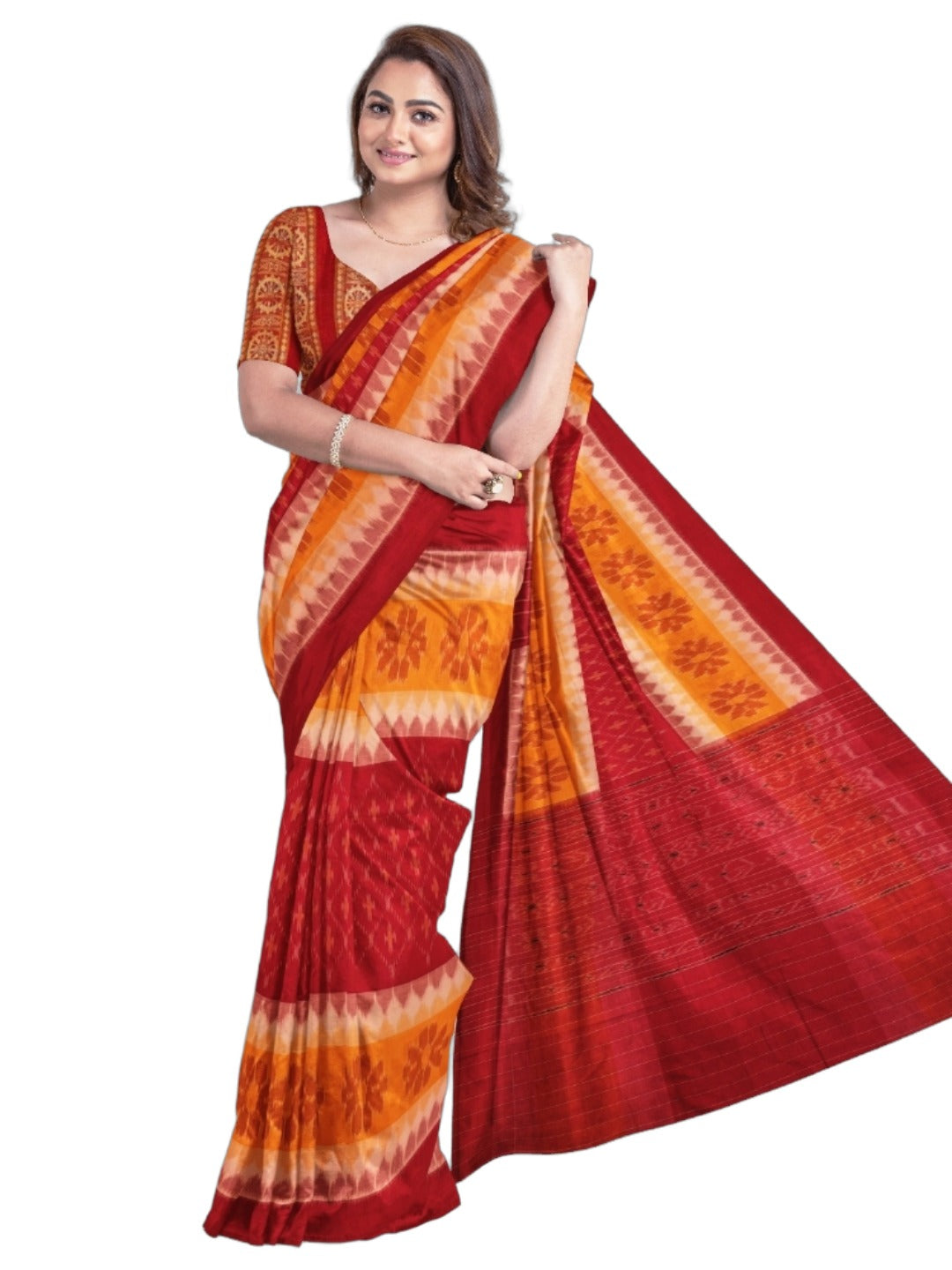 Red Yellow Cotton Odisha Ikat saree with mix match cotton ikat blouse