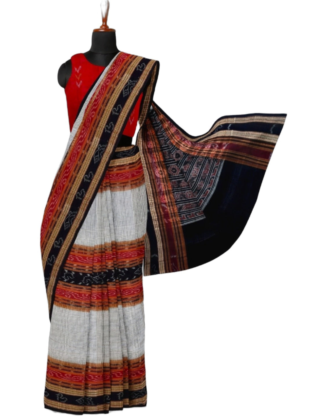 Off-white Sambalpuri Sachipar Cotton Saree with cotton ikat blouse piece