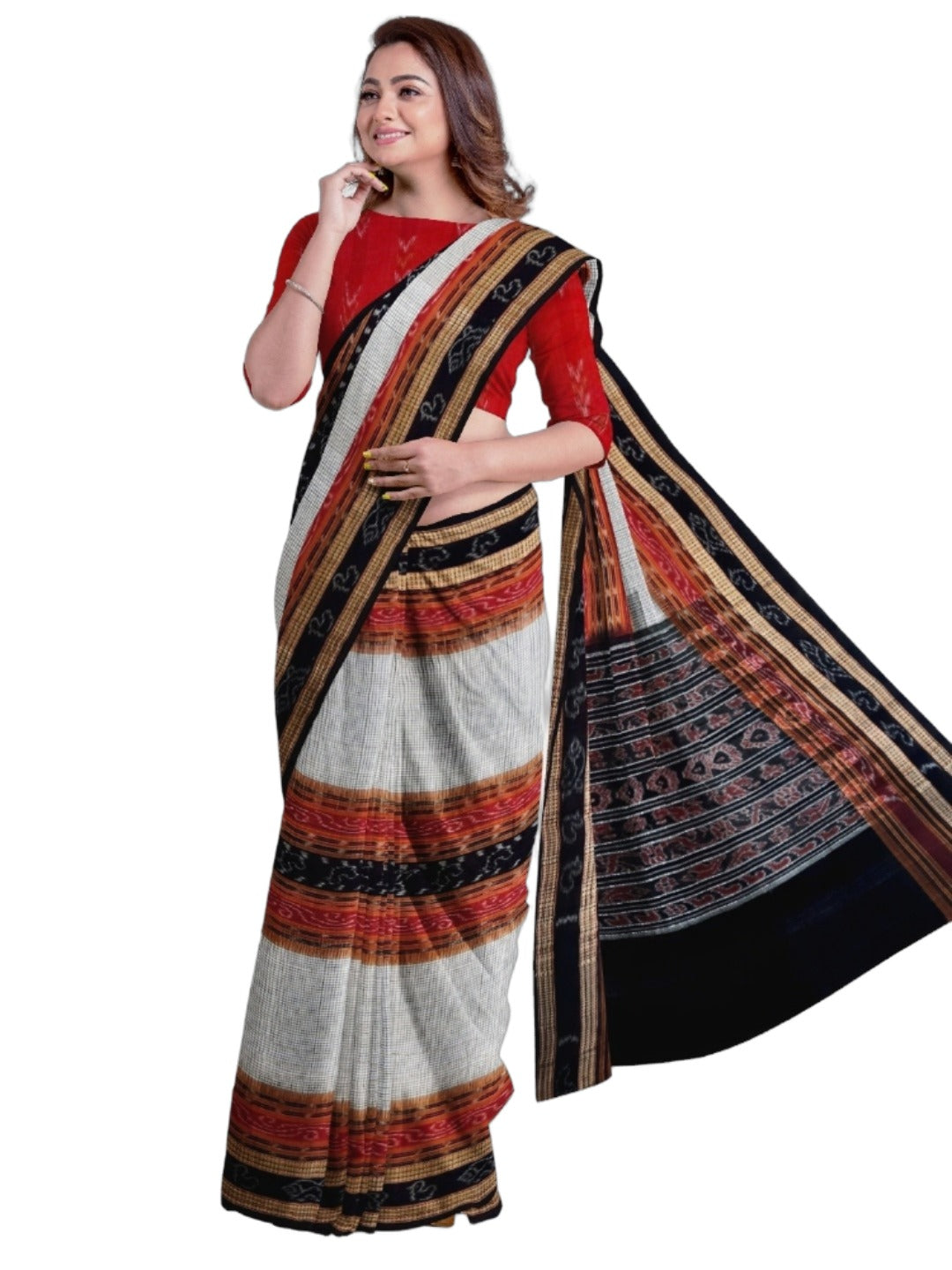 Off-white Sambalpuri Sachipar Cotton Saree with cotton ikat blouse piece