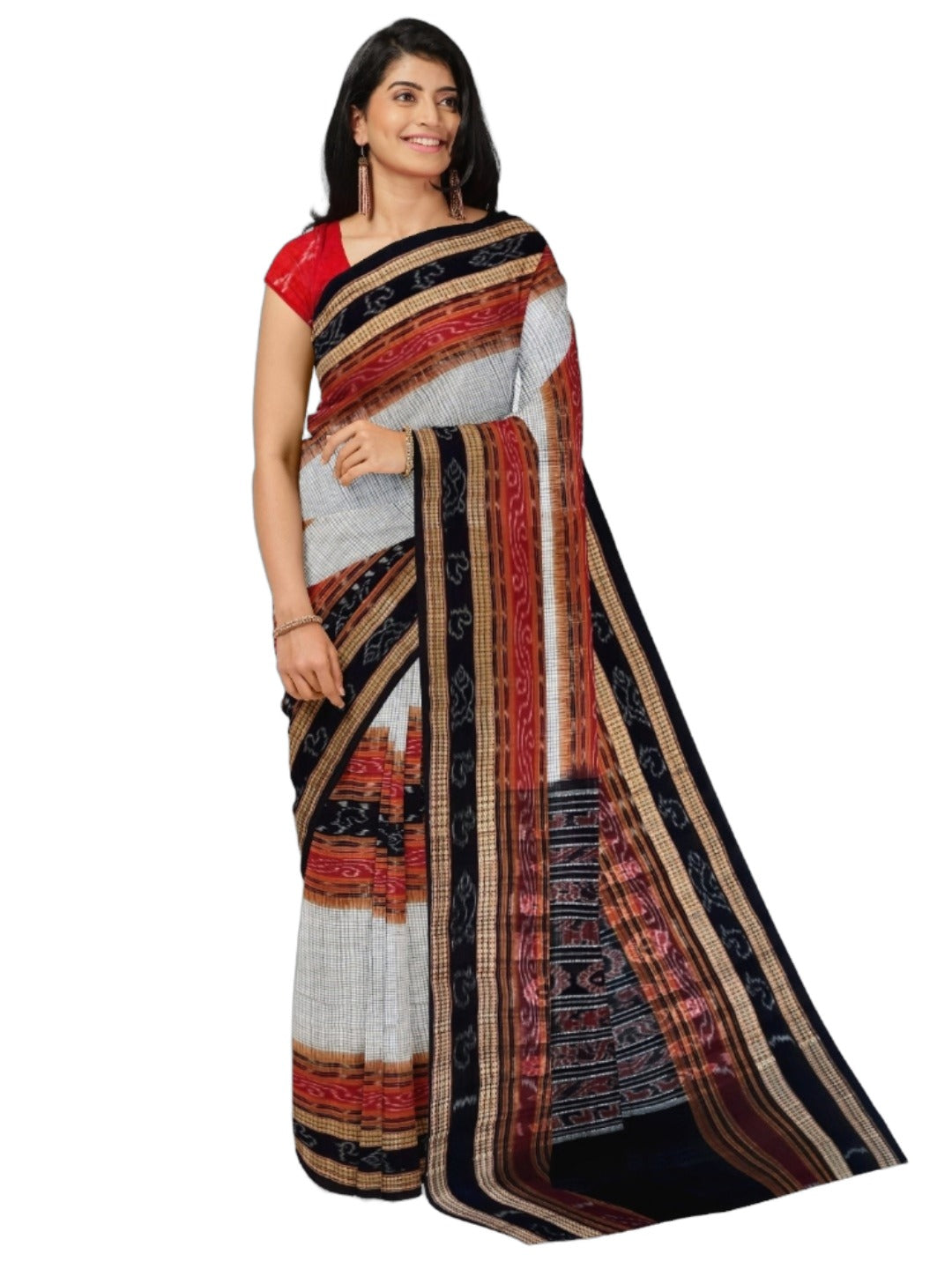 Off-white Sambalpuri Sachipar Cotton Saree with cotton ikat blouse piece