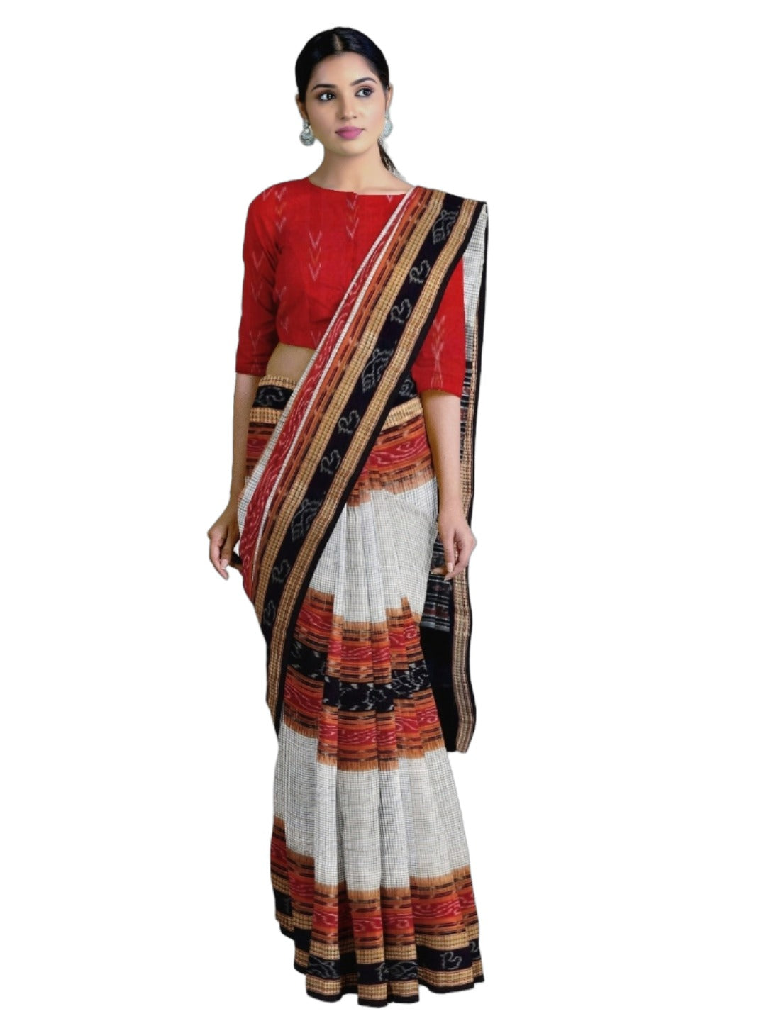 Off-white Sambalpuri Sachipar Cotton Saree with cotton ikat blouse piece