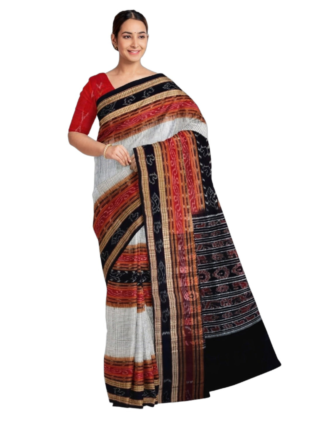 Off-white Sambalpuri Sachipar Cotton Saree with cotton ikat blouse piece