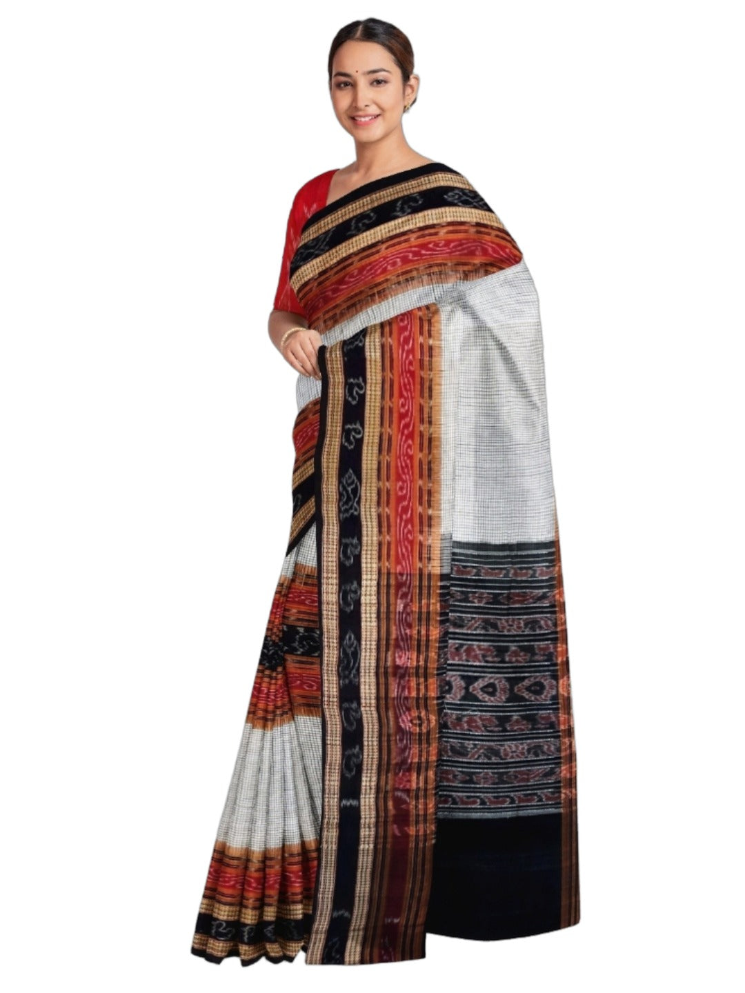 Off-white Sambalpuri Sachipar Cotton Saree with cotton ikat blouse piece