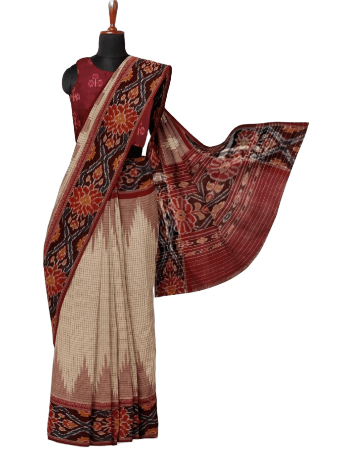 Beige checkered body Cotton Odisha Ikat saree with mix match cotton ikat blouse