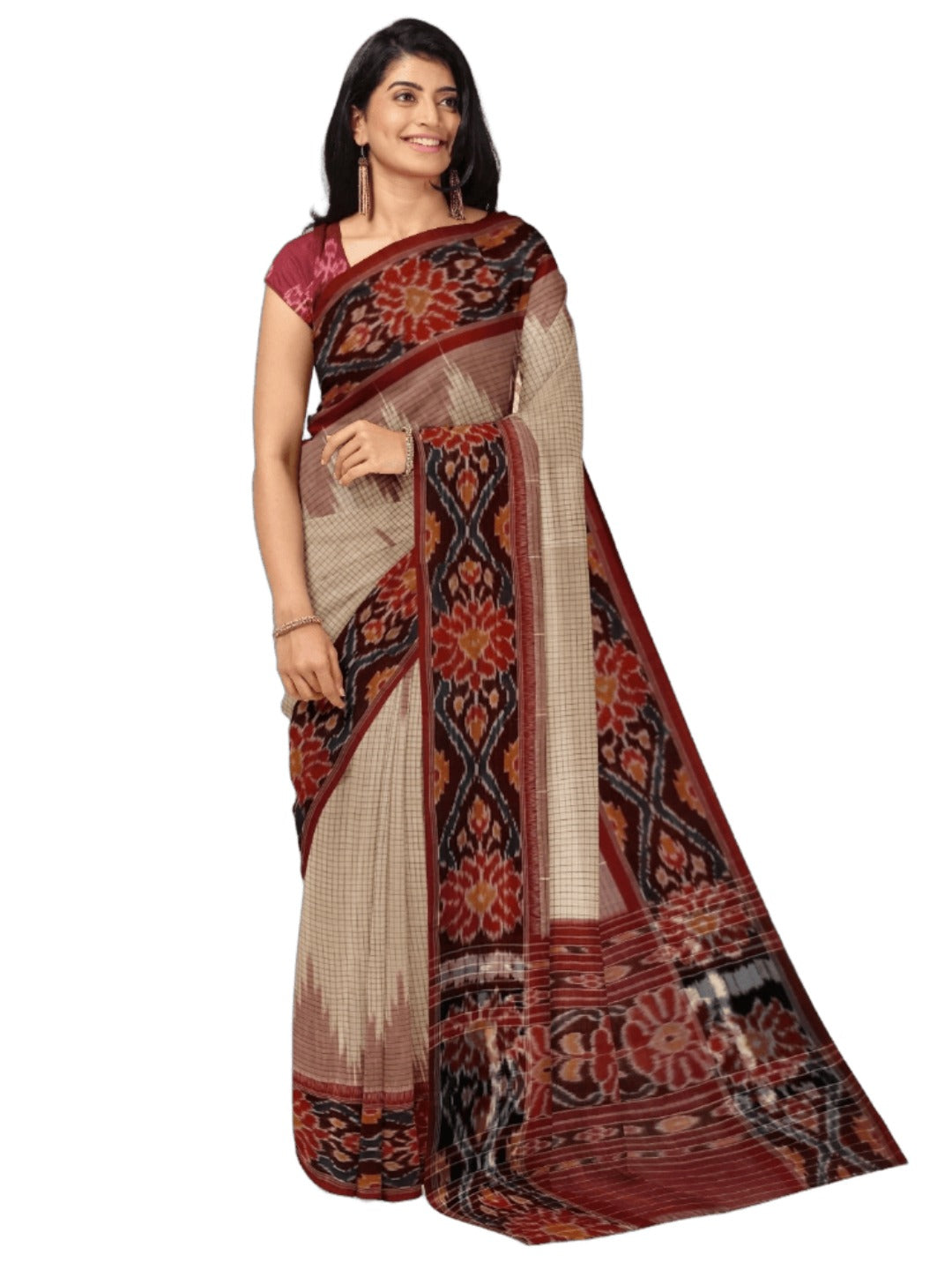 Beige checkered body Cotton Odisha Ikat saree with mix match cotton ikat blouse