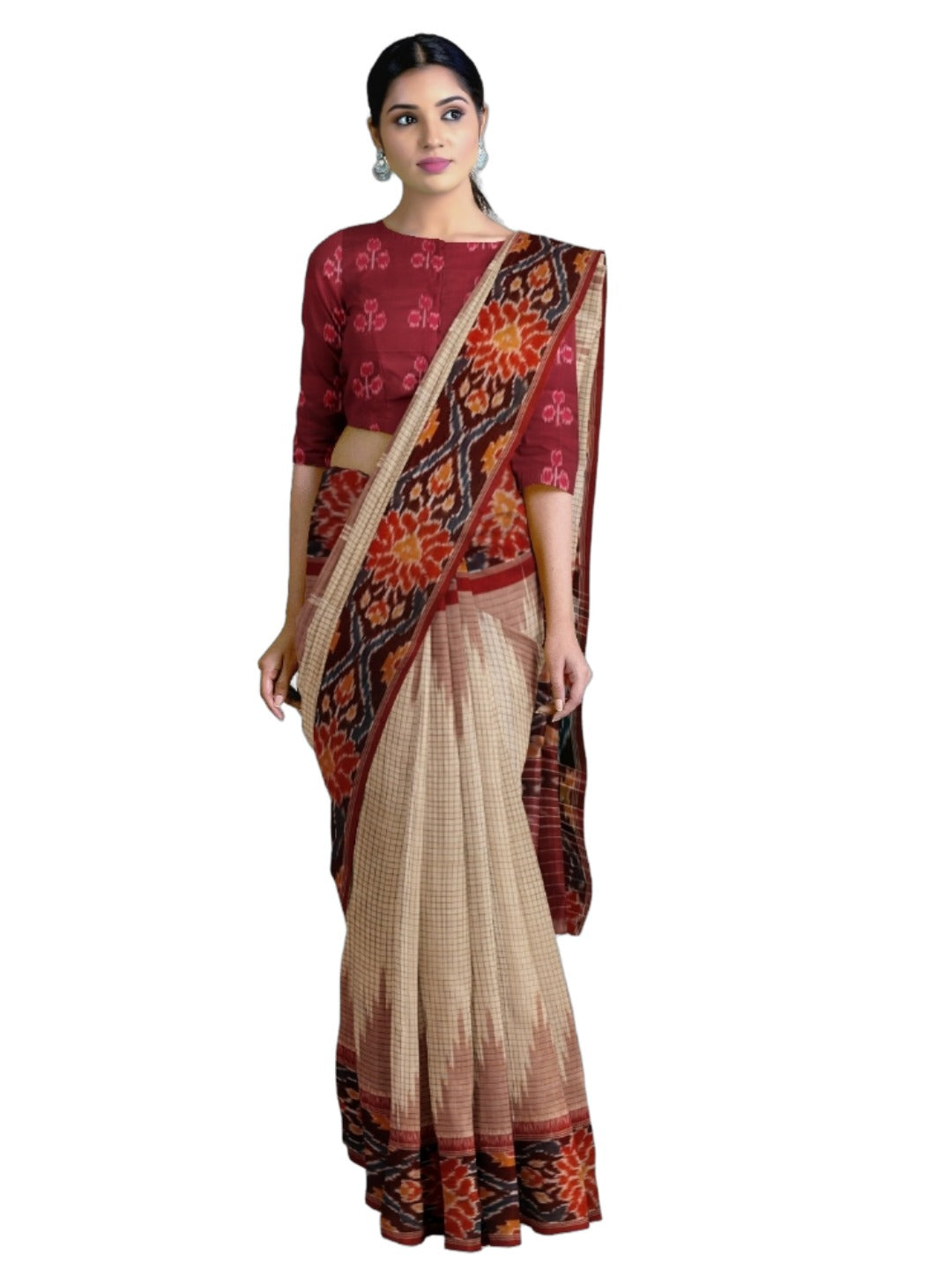 Beige checkered body Cotton Odisha Ikat saree with mix match cotton ikat blouse