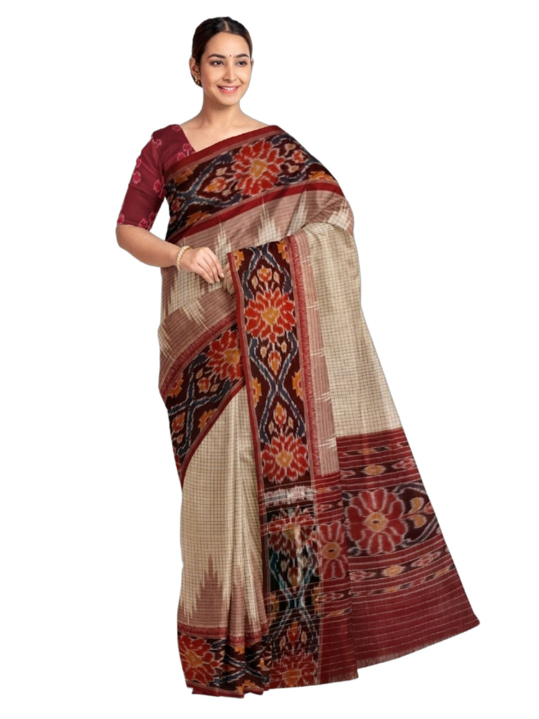 Beige checkered body Cotton Odisha Ikat saree with mix match cotton ikat blouse