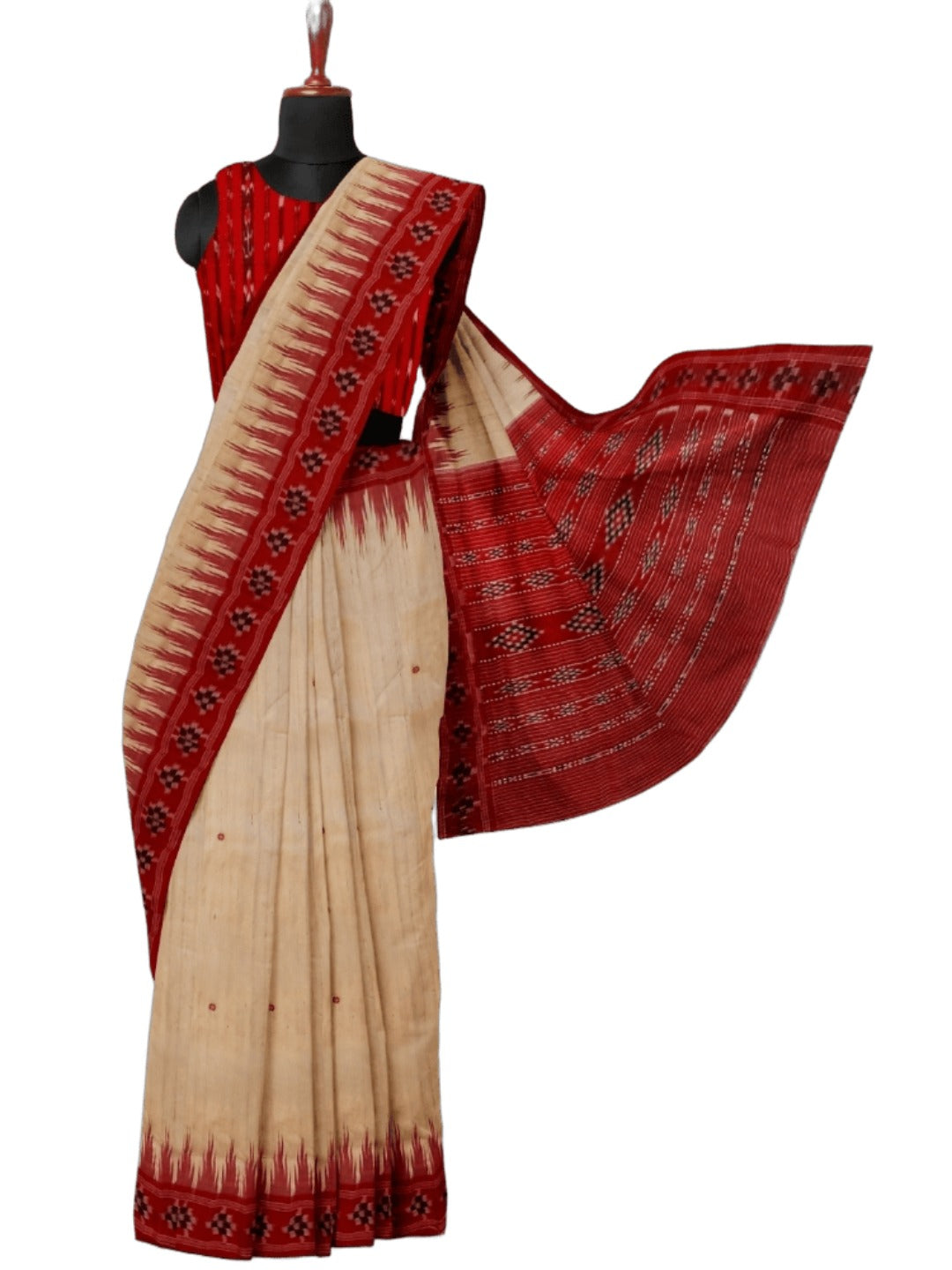 Beige with Red Tussar Silk Odisha Ikat Saree paired with cotton ikat blouse piece