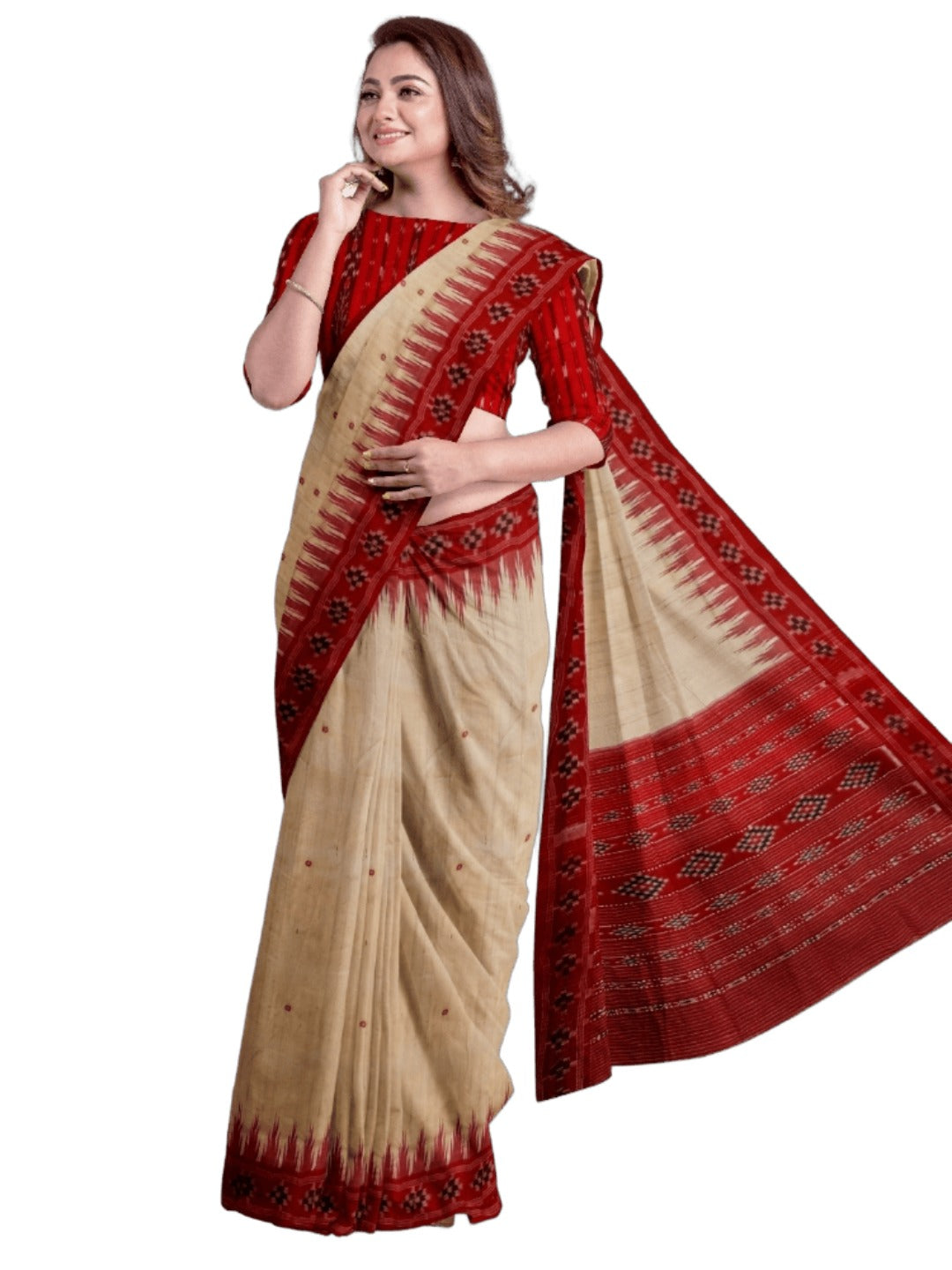 Beige with Red Tussar Silk Odisha Ikat Saree paired with cotton ikat blouse piece