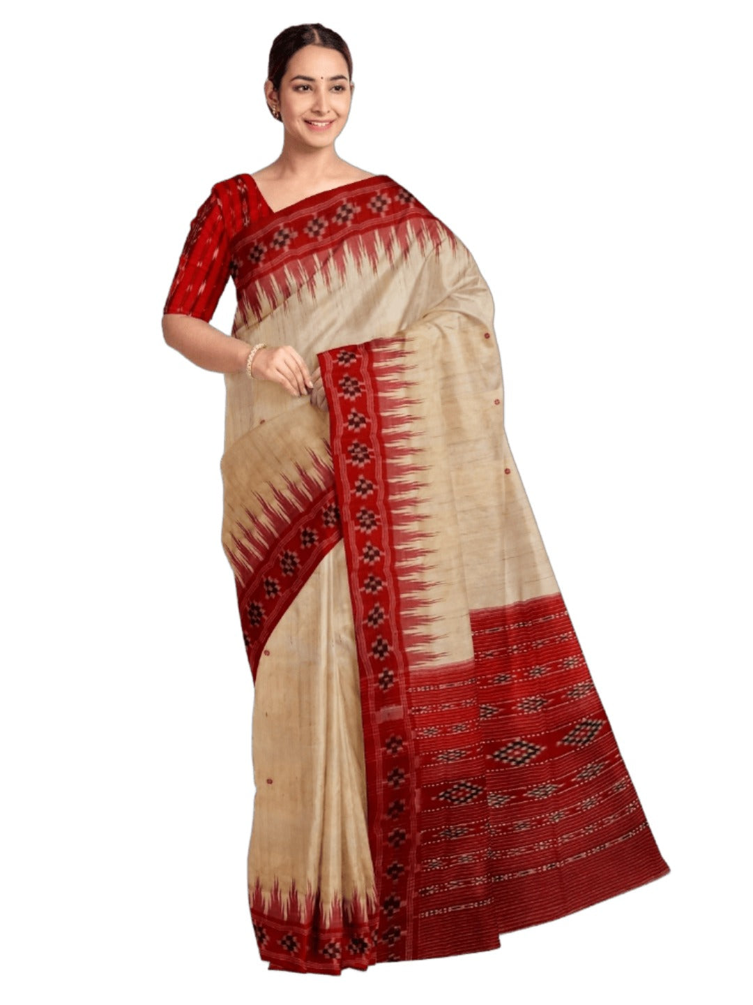 Beige with Red Tussar Silk Odisha Ikat Saree paired with cotton ikat blouse piece