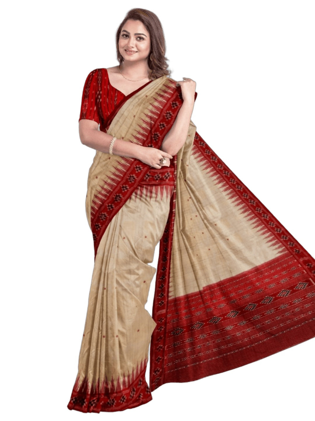 Beige with Red Tussar Silk Odisha Ikat Saree paired with cotton ikat blouse piece