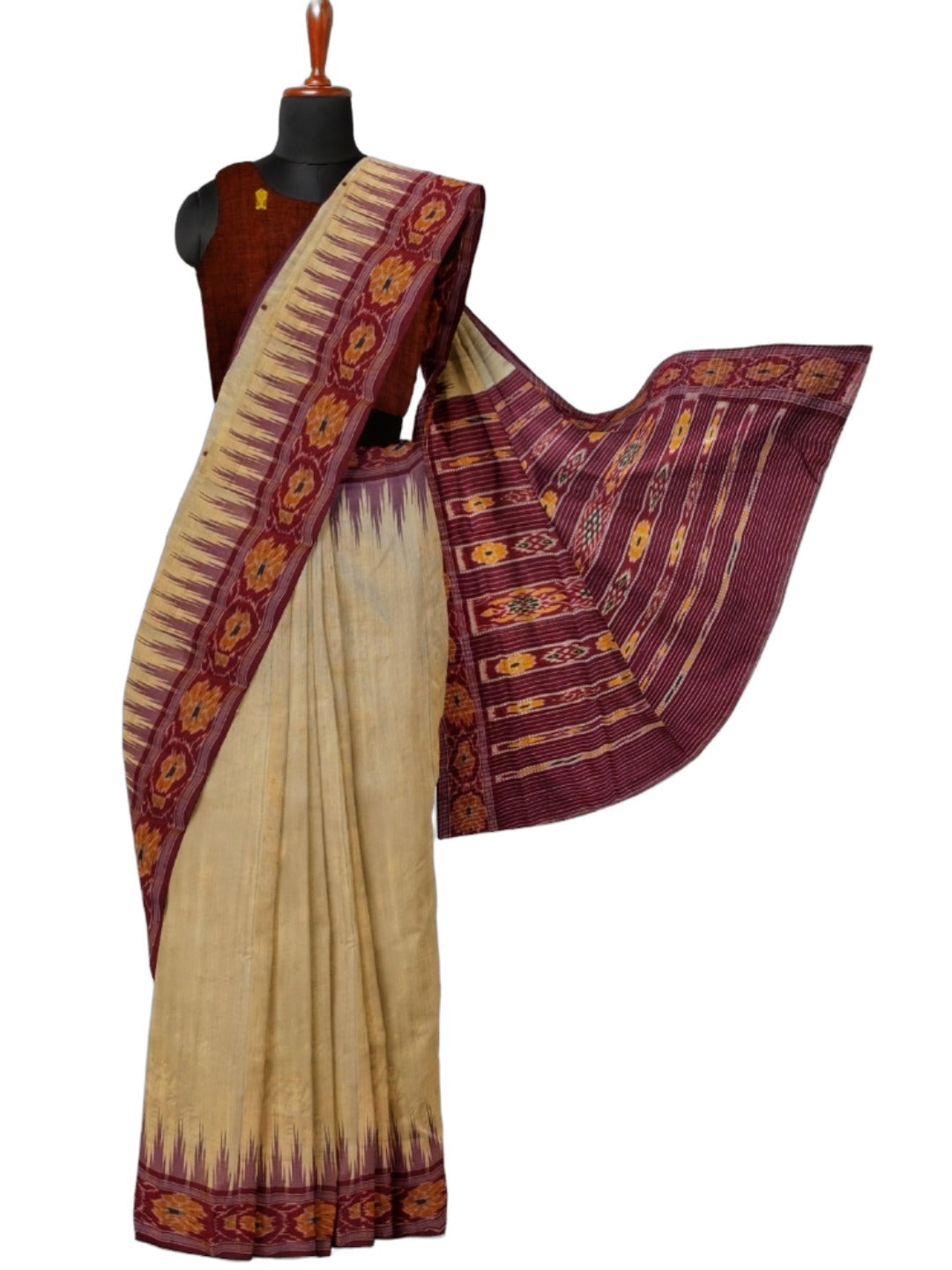 Beige with Maroon Tussar Silk Odisha Ikat Saree paired with cotton ikat blouse piece