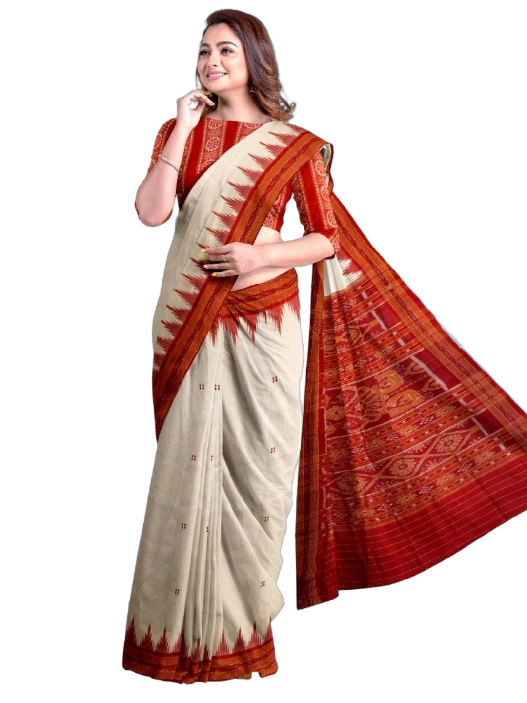 White Red Odisha Khandua Pata Silk Saree with cotton ikat blouse piece