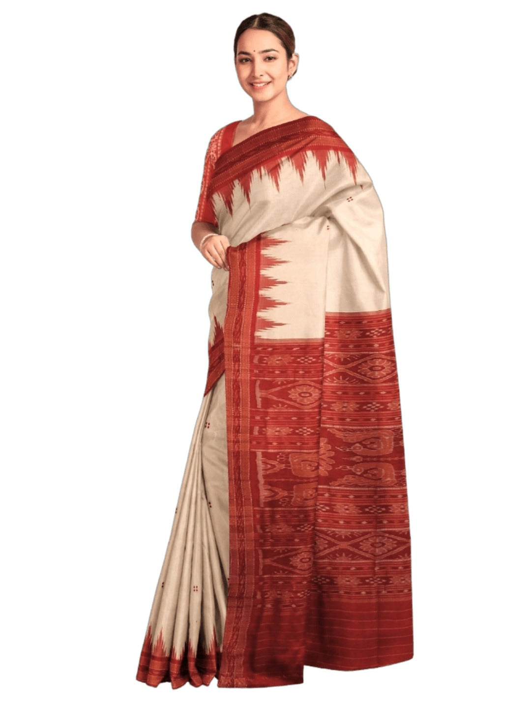 White Red Odisha Khandua Pata Silk Saree with cotton ikat blouse piece