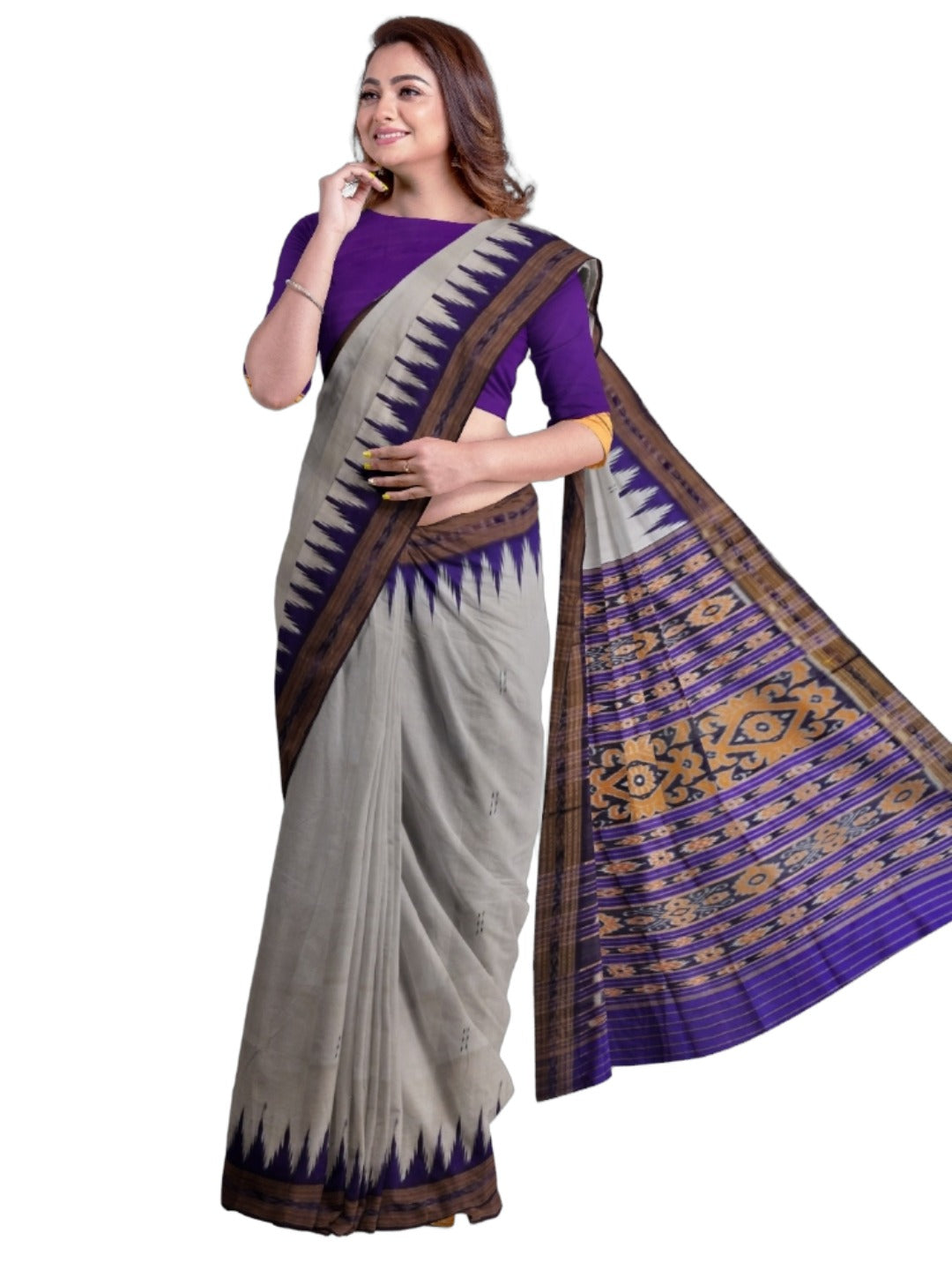 Grey Odisha Khandua Pata Silk Saree with Silk blouse piece
