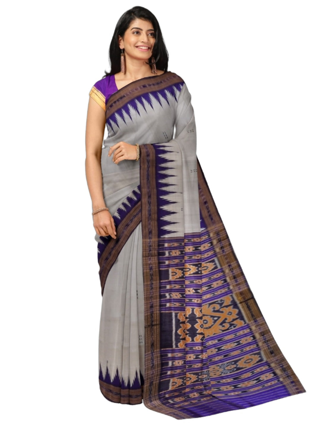 Grey Odisha Khandua Pata Silk Saree with Silk blouse piece