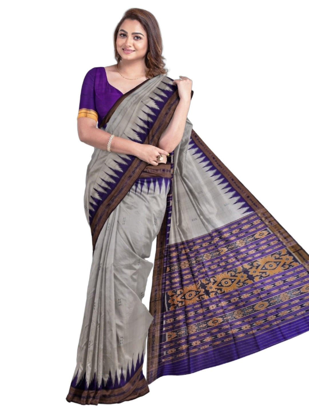 Grey Odisha Khandua Pata Silk Saree with Silk blouse piece