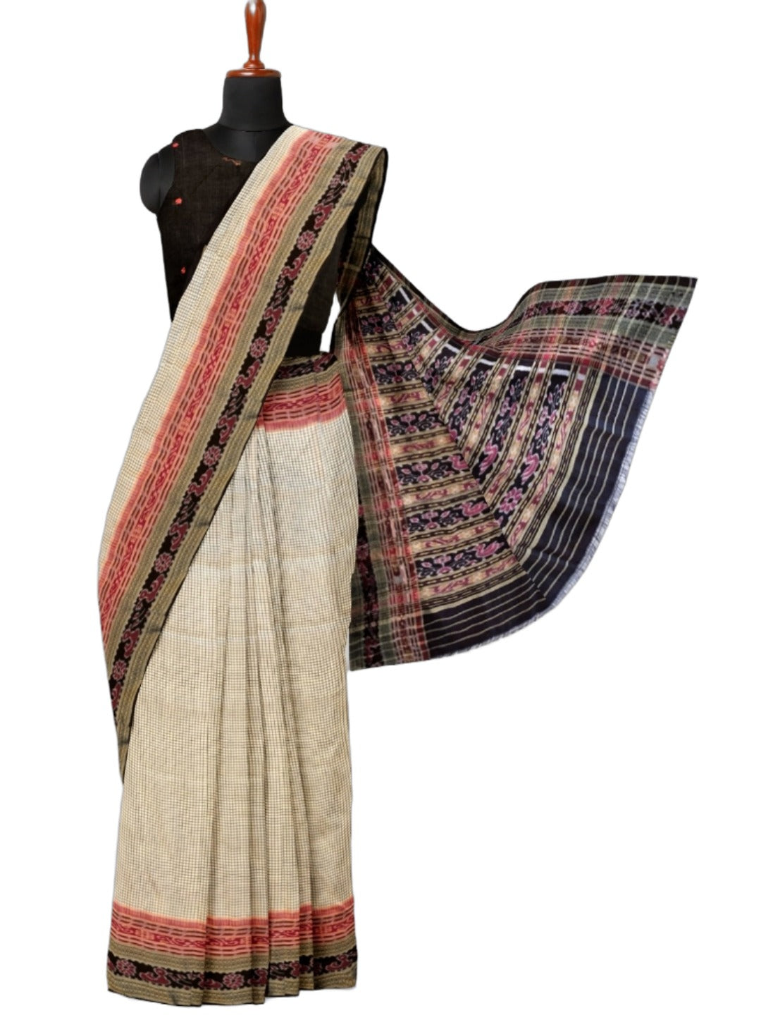 Beige Sachipar pattern Odisha Khandua Pata Silk Saree with cotton ikat blouse piece