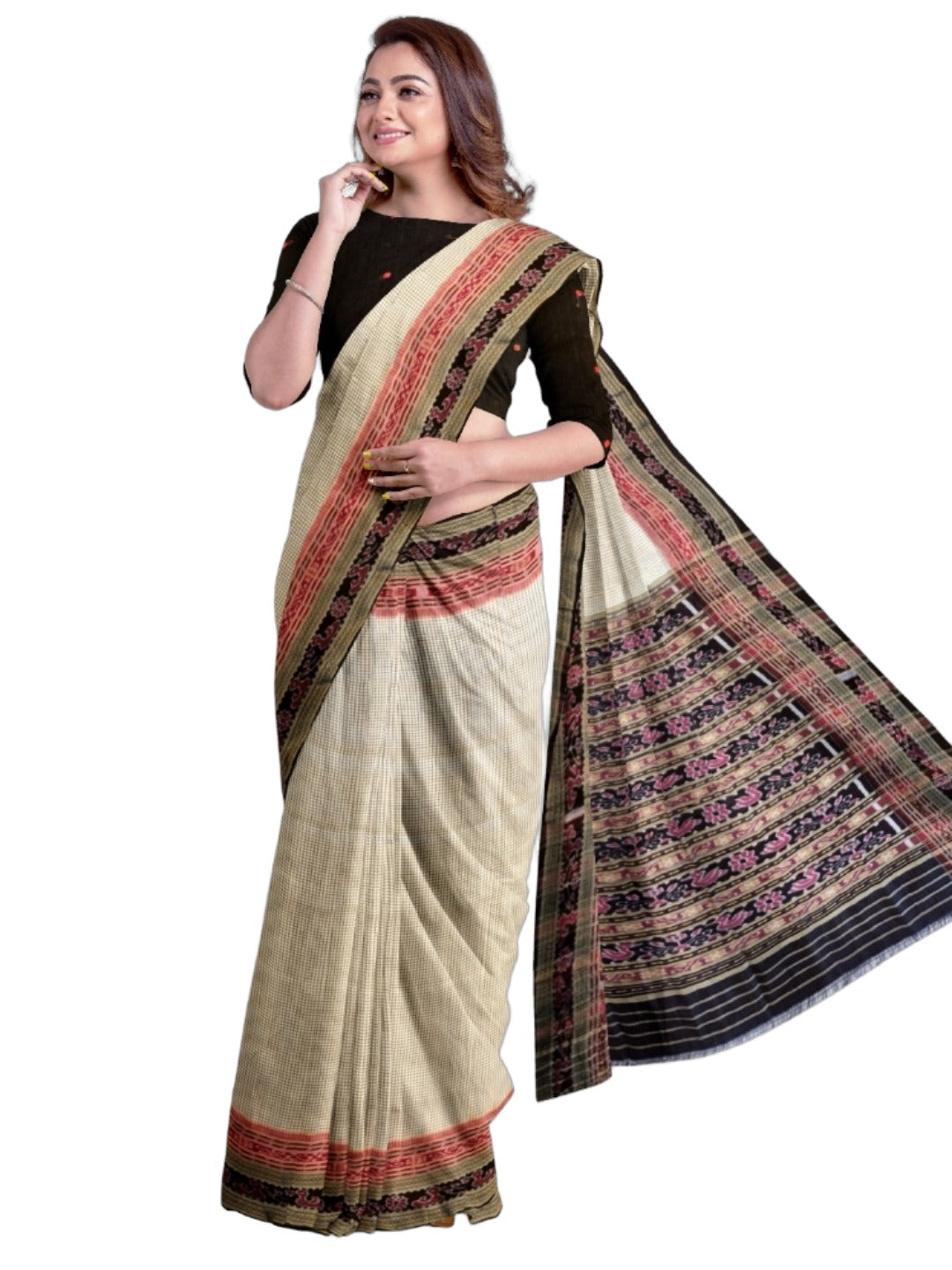 Beige Sachipar pattern Odisha Khandua Pata Silk Saree with cotton ikat blouse piece