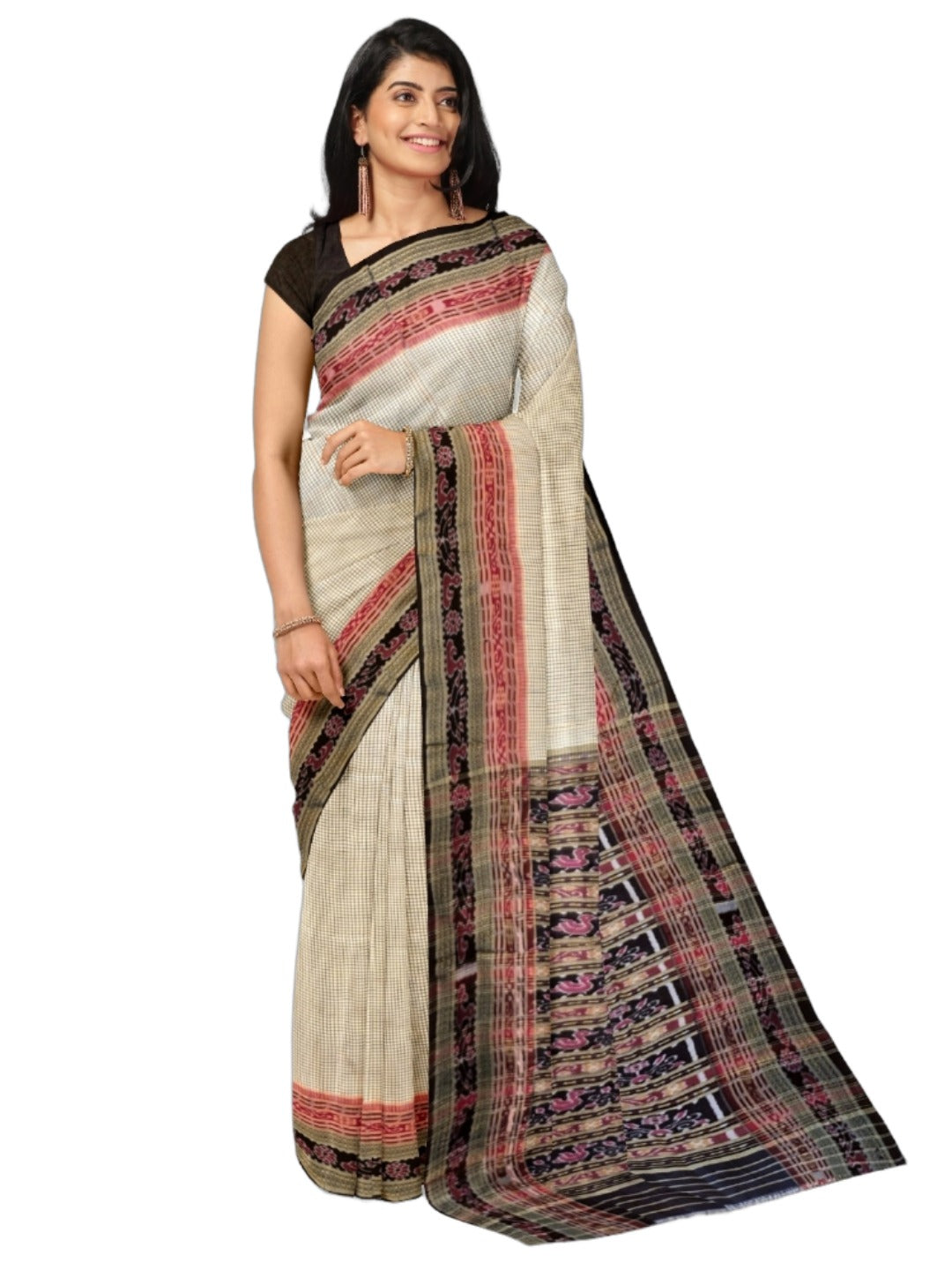 Beige Sachipar pattern Odisha Khandua Pata Silk Saree with cotton ikat blouse piece