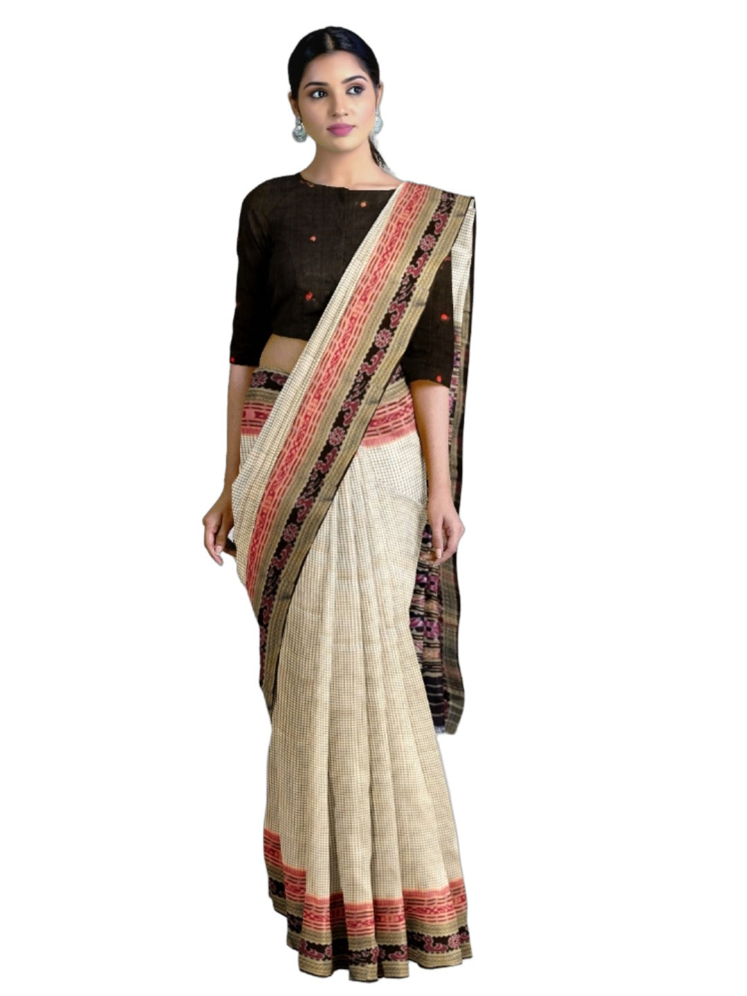Beige Sachipar pattern Odisha Khandua Pata Silk Saree with cotton ikat blouse piece