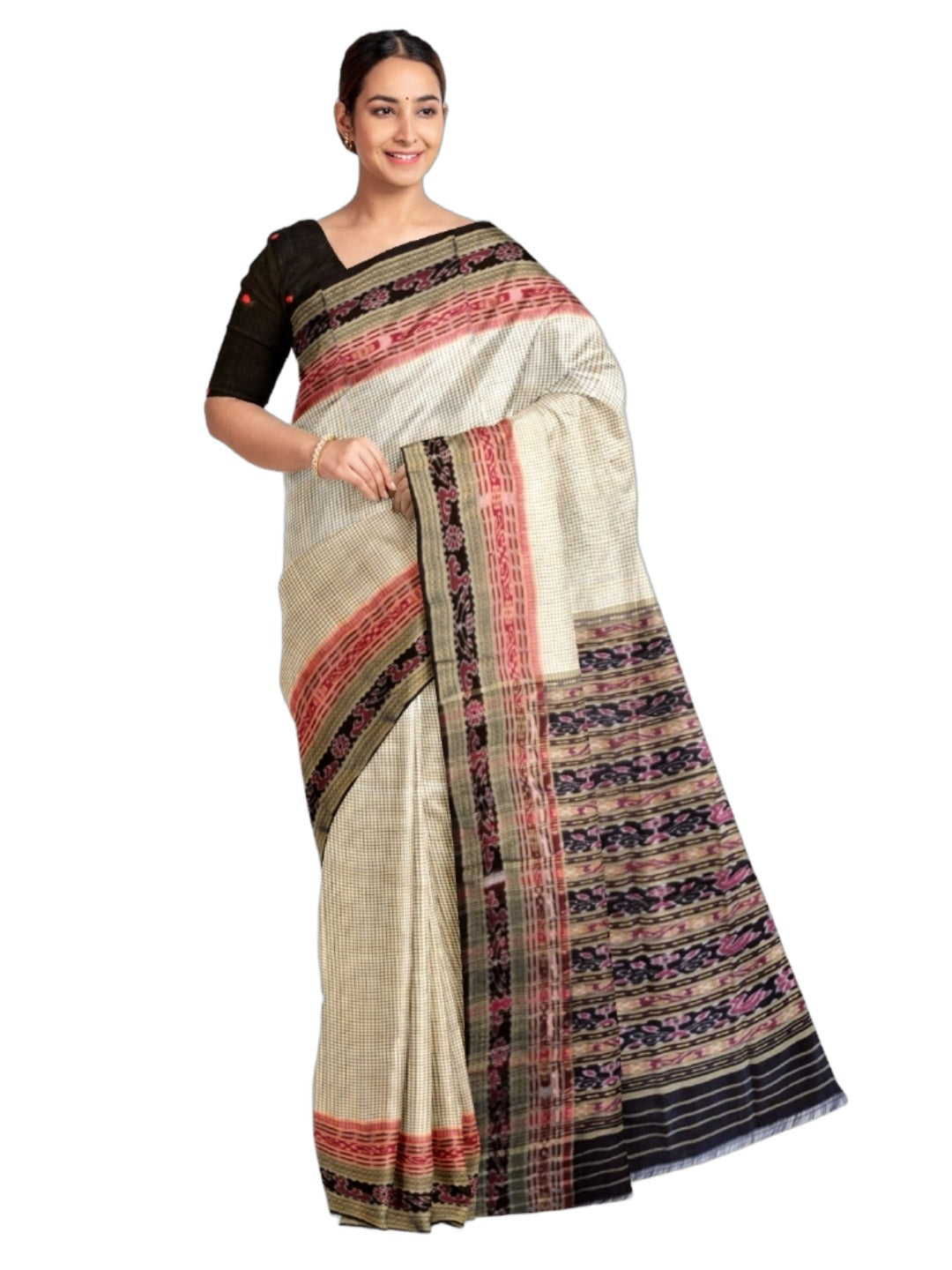 Beige Sachipar pattern Odisha Khandua Pata Silk Saree with cotton ikat blouse piece