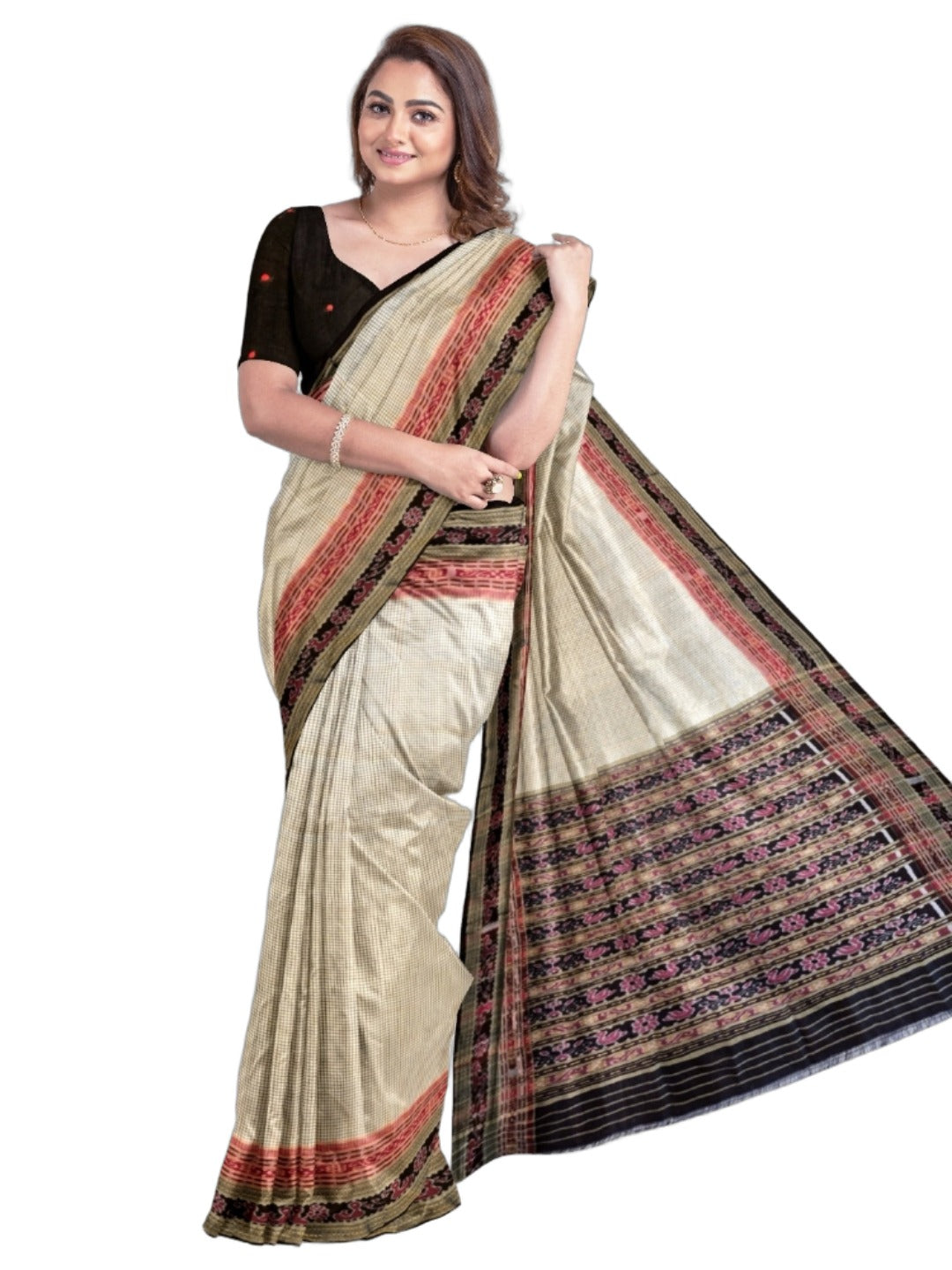 Beige Sachipar pattern Odisha Khandua Pata Silk Saree with cotton ikat blouse piece