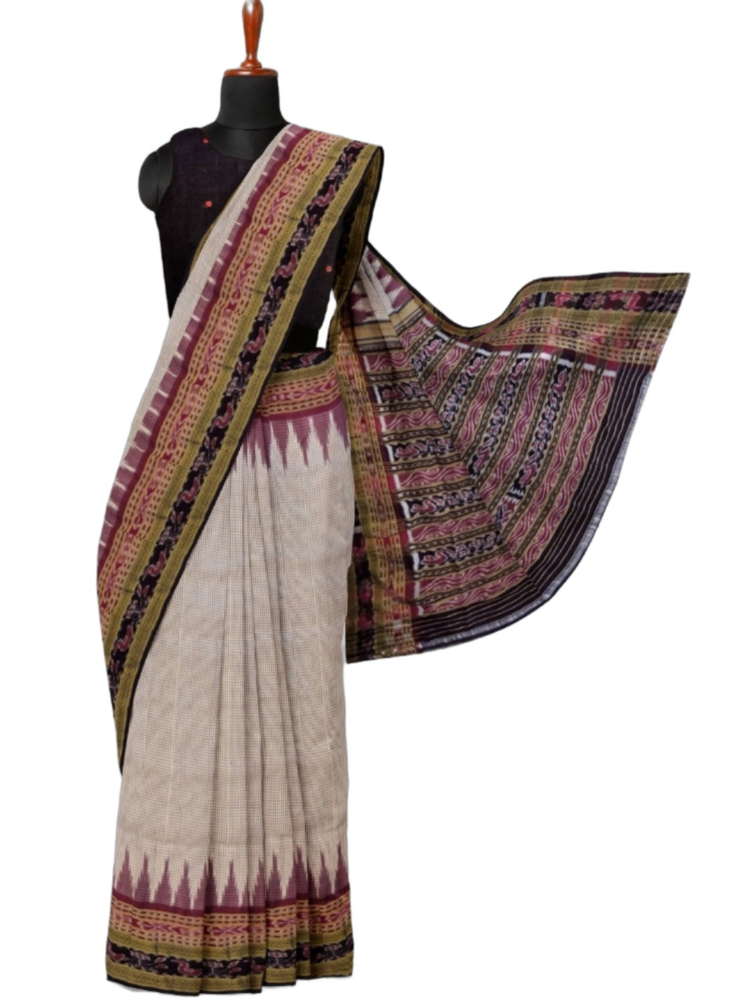 Pinkish Beige Sachipar Khandua Pata Silk Saree with cotton ikat blouse piece