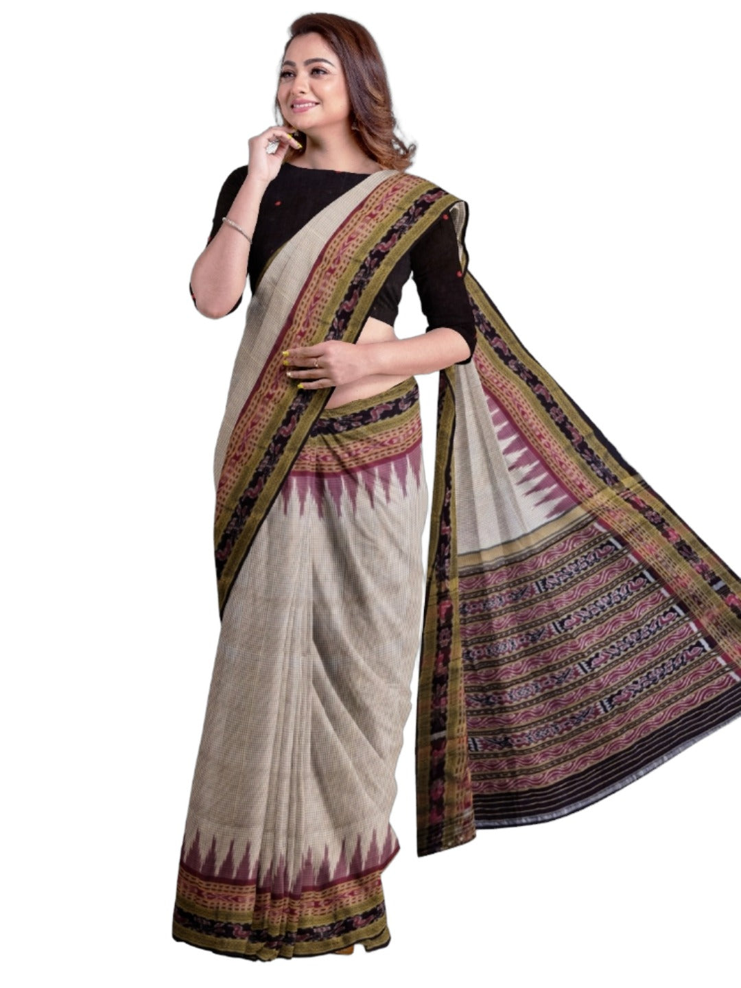 Pinkish Beige Sachipar Khandua Pata Silk Saree with cotton ikat blouse piece