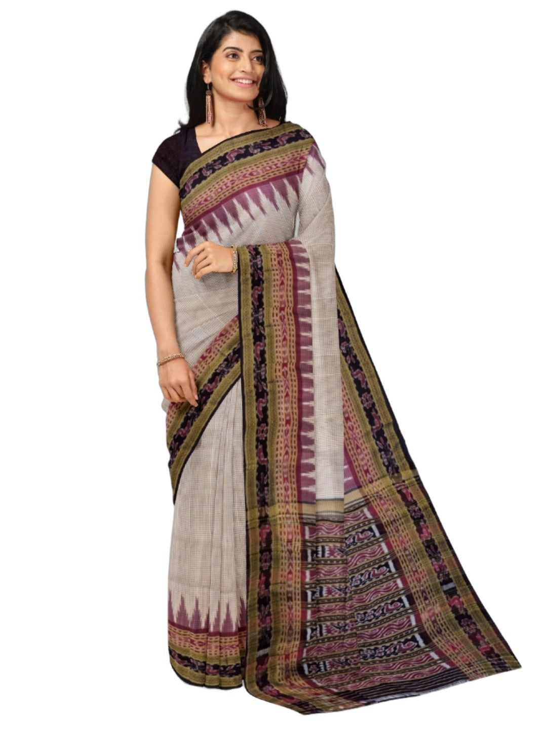 Pinkish Beige Sachipar Khandua Pata Silk Saree with cotton ikat blouse piece