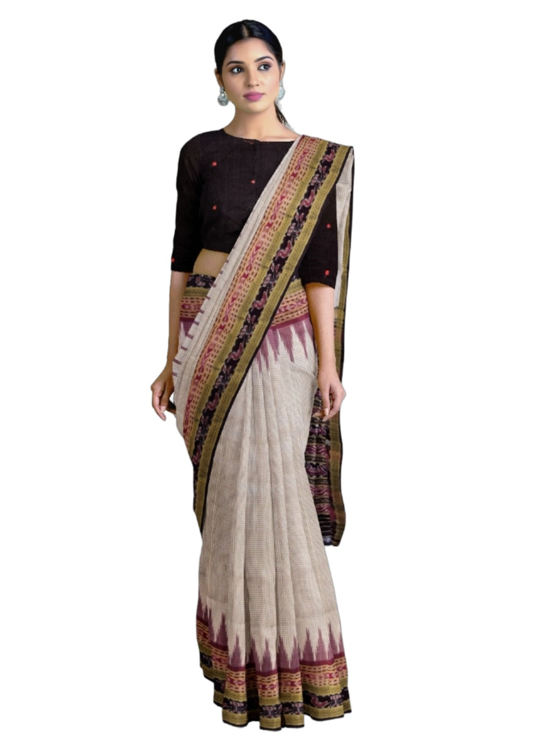 Pinkish Beige Sachipar Khandua Pata Silk Saree with cotton ikat blouse piece