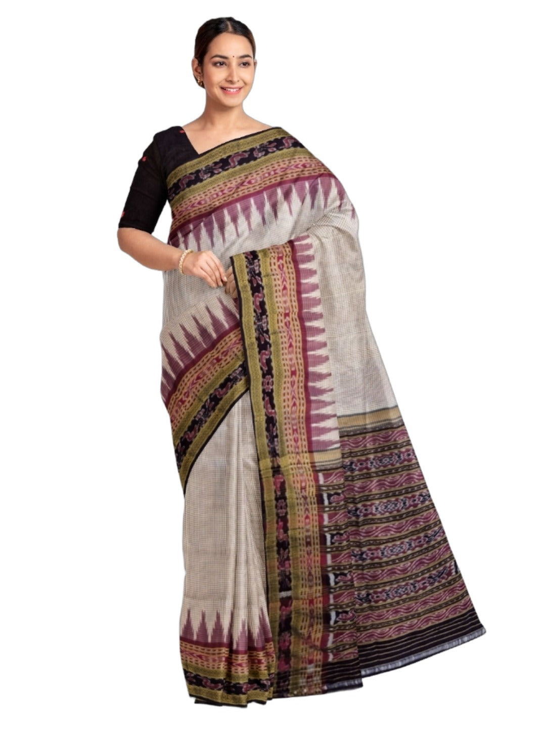 Pinkish Beige Sachipar Khandua Pata Silk Saree with cotton ikat blouse piece