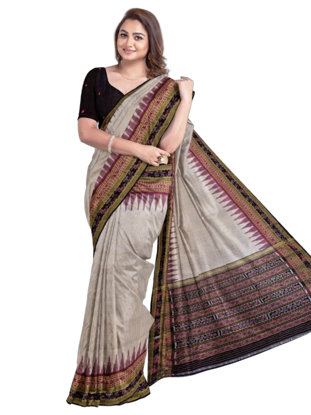 Pinkish Beige Sachipar Khandua Pata Silk Saree with cotton ikat blouse piece