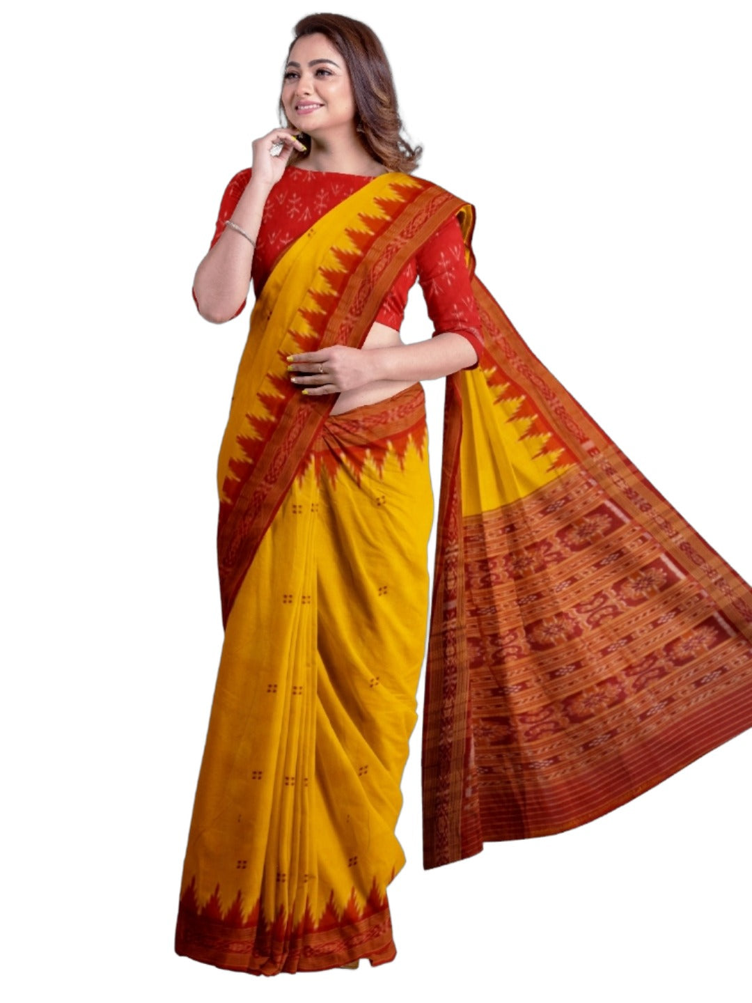Yellow Red Odisha Khandua Pata Silk Saree with cotton ikat blouse piece