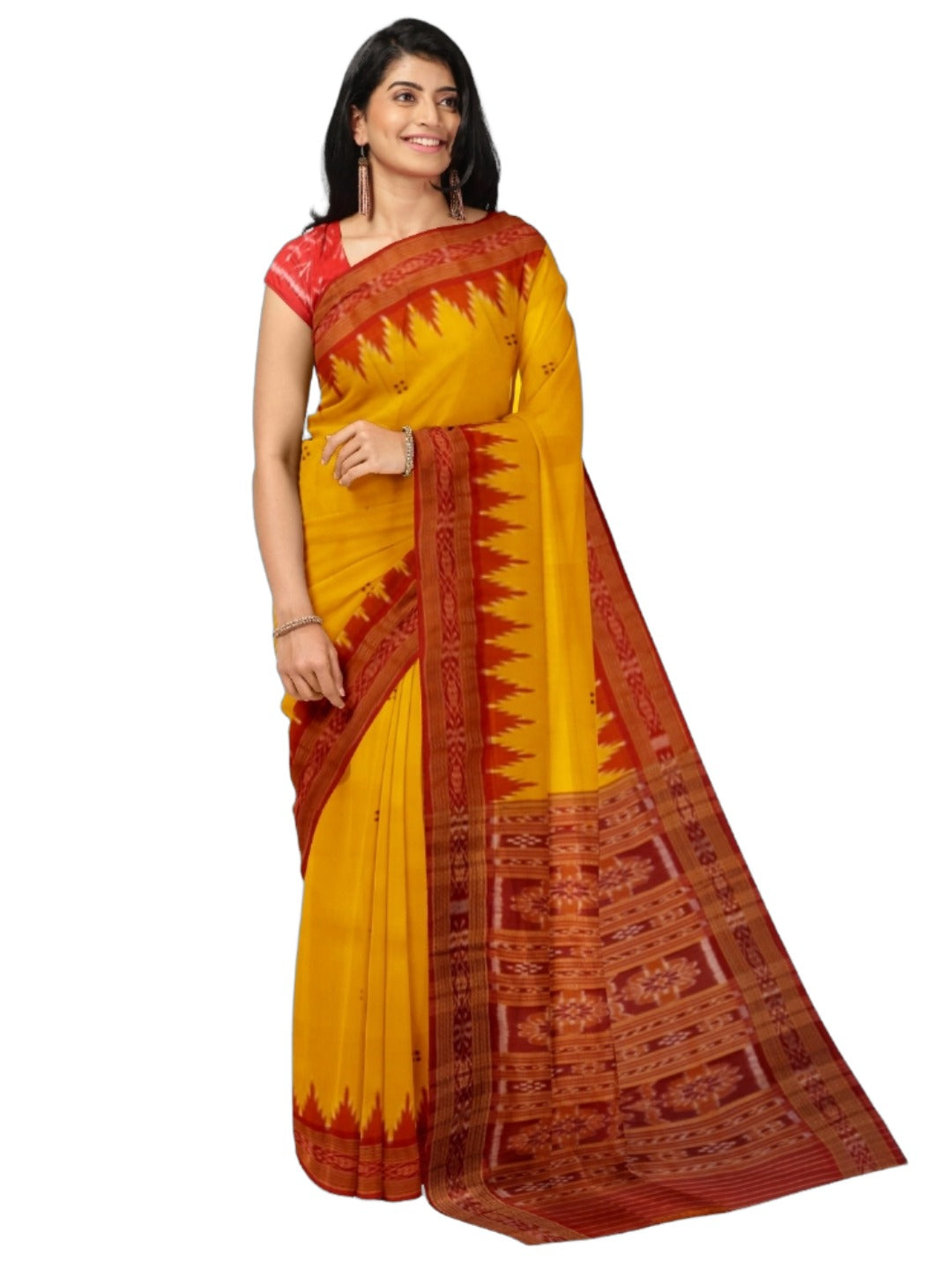 Yellow Red Odisha Khandua Pata Silk Saree with cotton ikat blouse piece