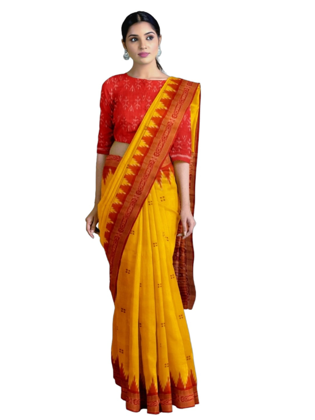 Yellow Red Odisha Khandua Pata Silk Saree with cotton ikat blouse piece