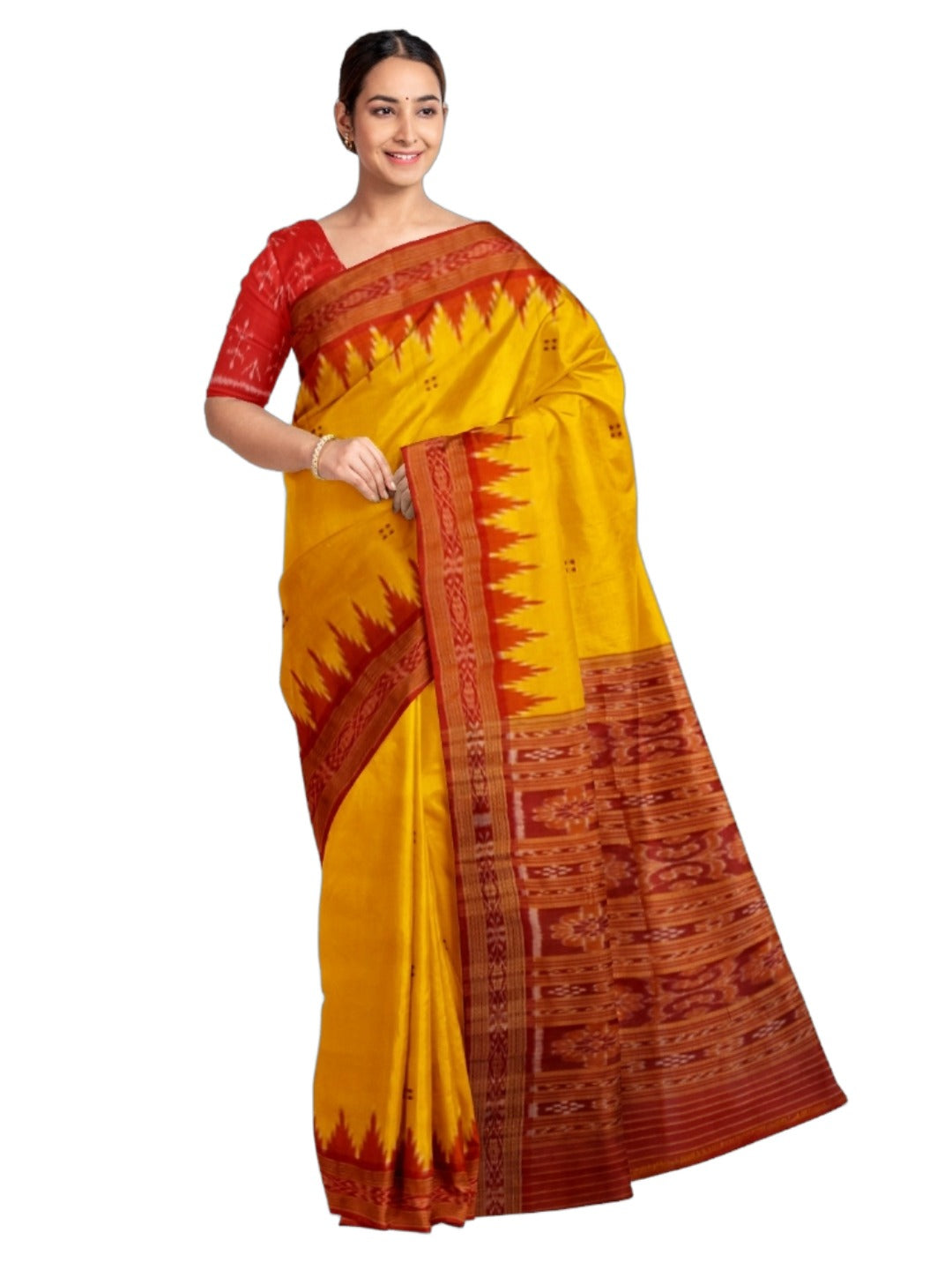 Yellow Red Odisha Khandua Pata Silk Saree with cotton ikat blouse piece