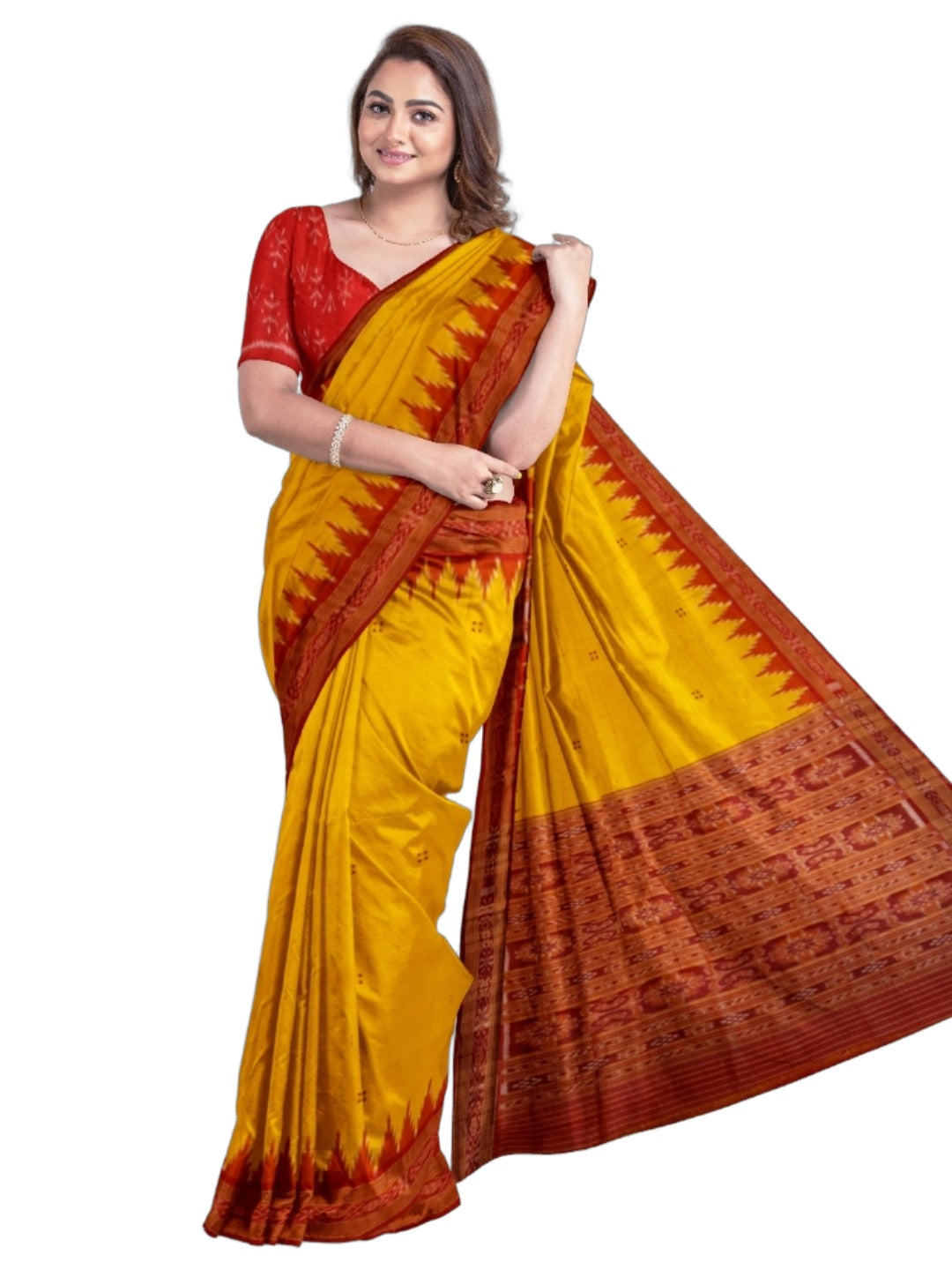 Yellow Red Odisha Khandua Pata Silk Saree with cotton ikat blouse piece