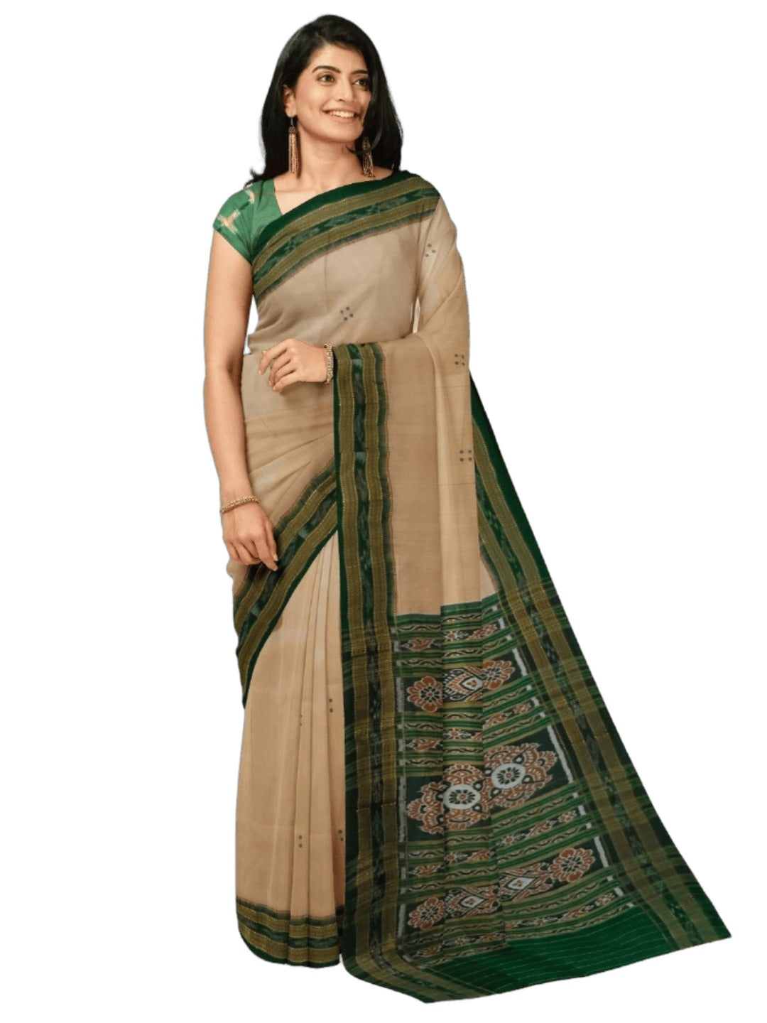 Beige with Green Odisha Khandua Pata Silk Saree with cotton ikat blouse piece