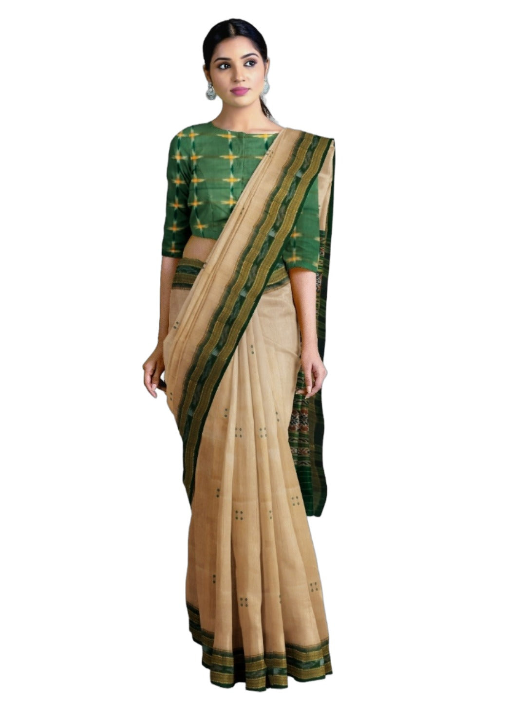 Beige with Green Odisha Khandua Pata Silk Saree with cotton ikat blouse piece