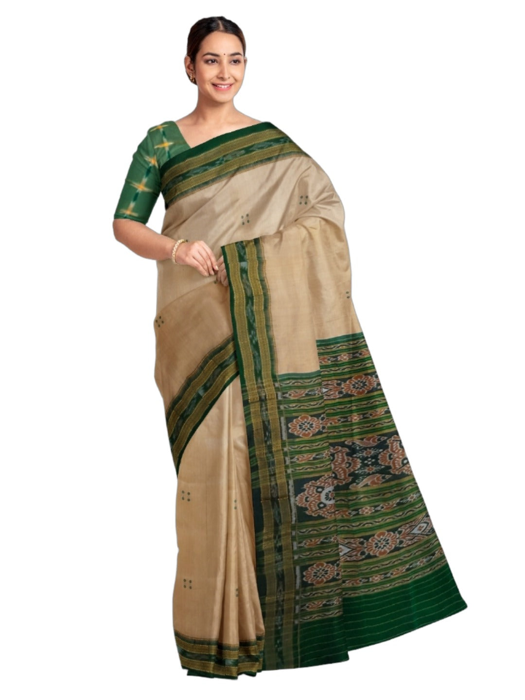 Beige with Green Odisha Khandua Pata Silk Saree with cotton ikat blouse piece