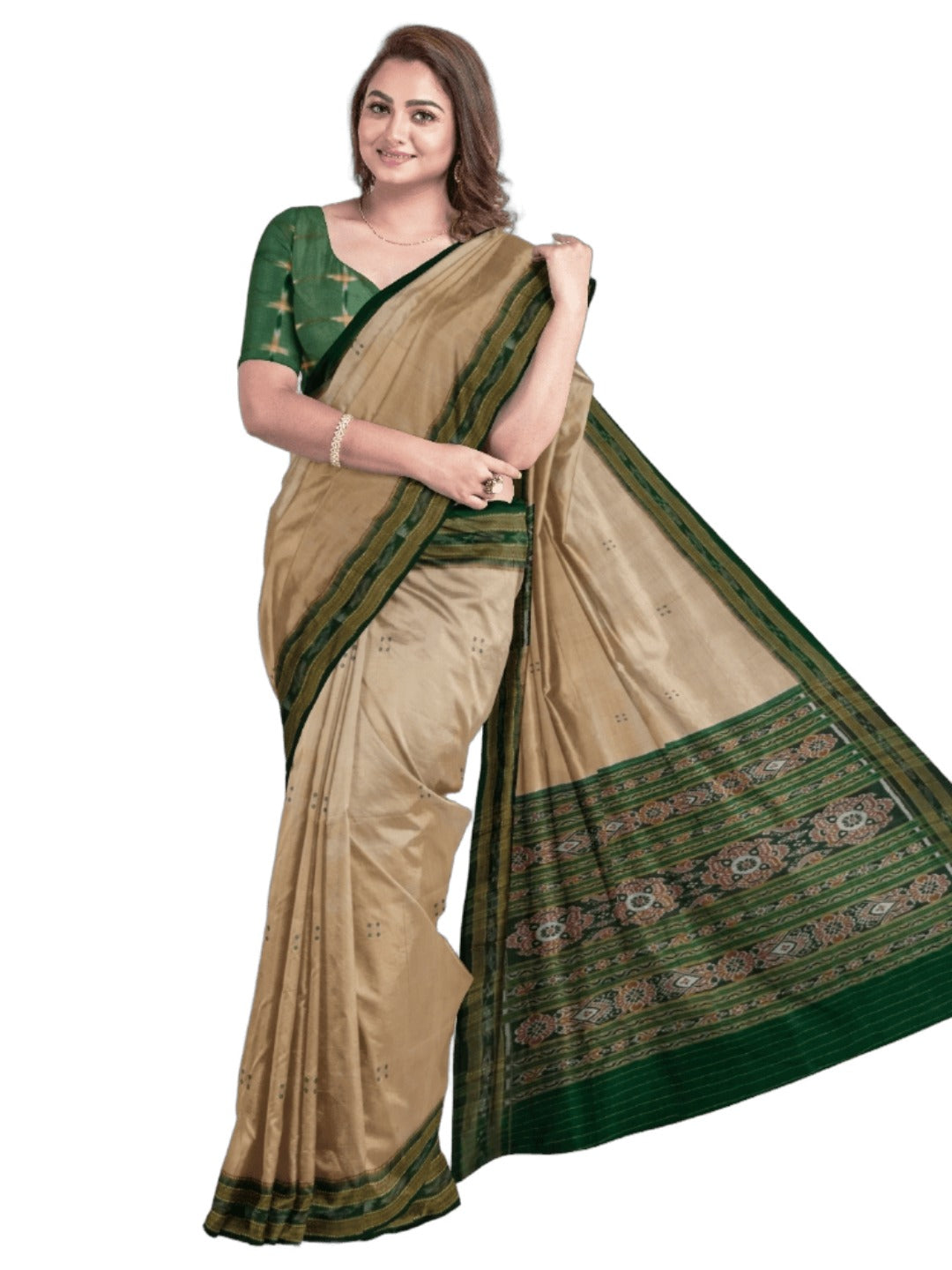 Beige with Green Odisha Khandua Pata Silk Saree with cotton ikat blouse piece