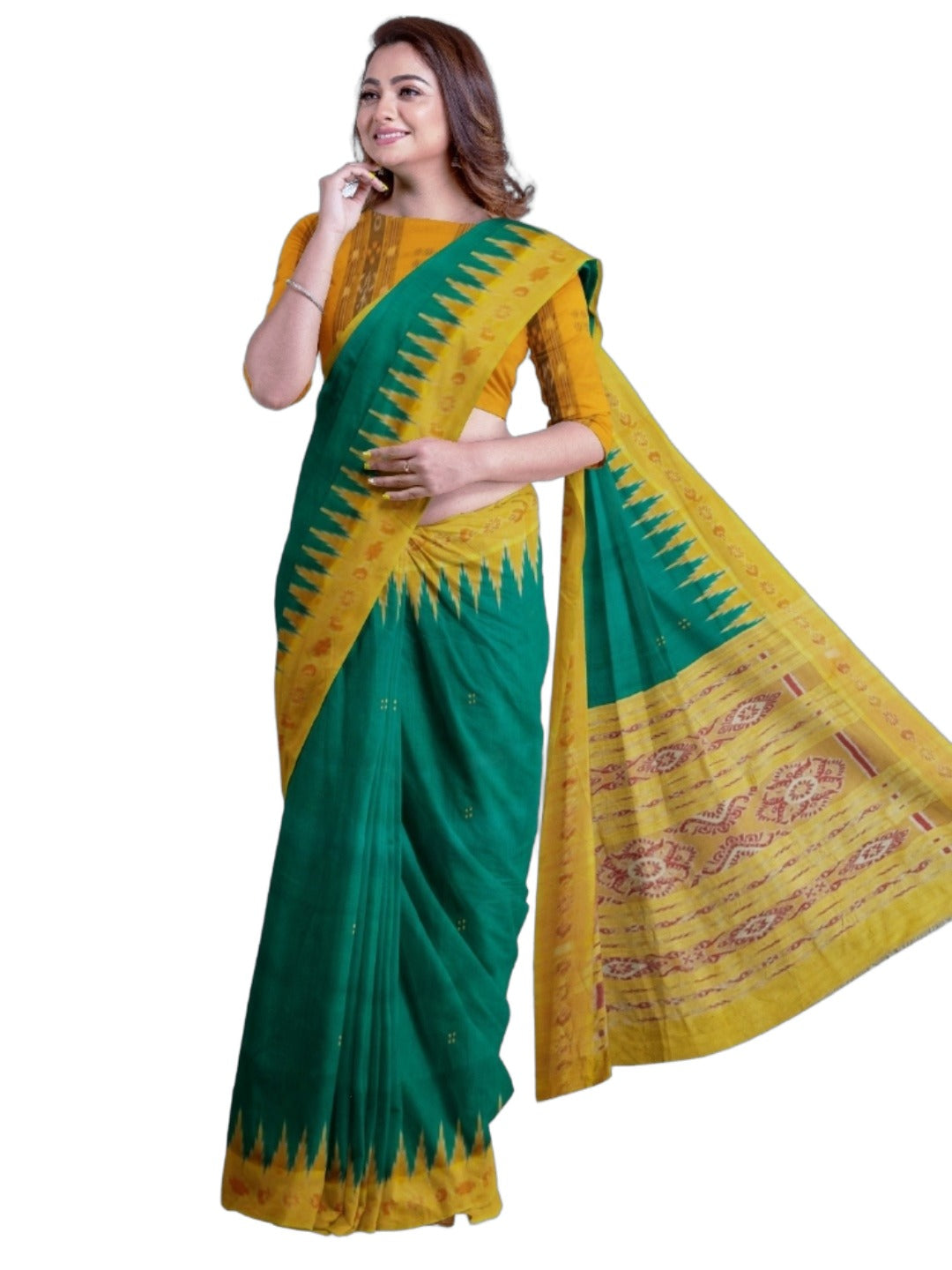 Green Odisha Khandua Pata Silk Saree with cotton ikat blouse piece