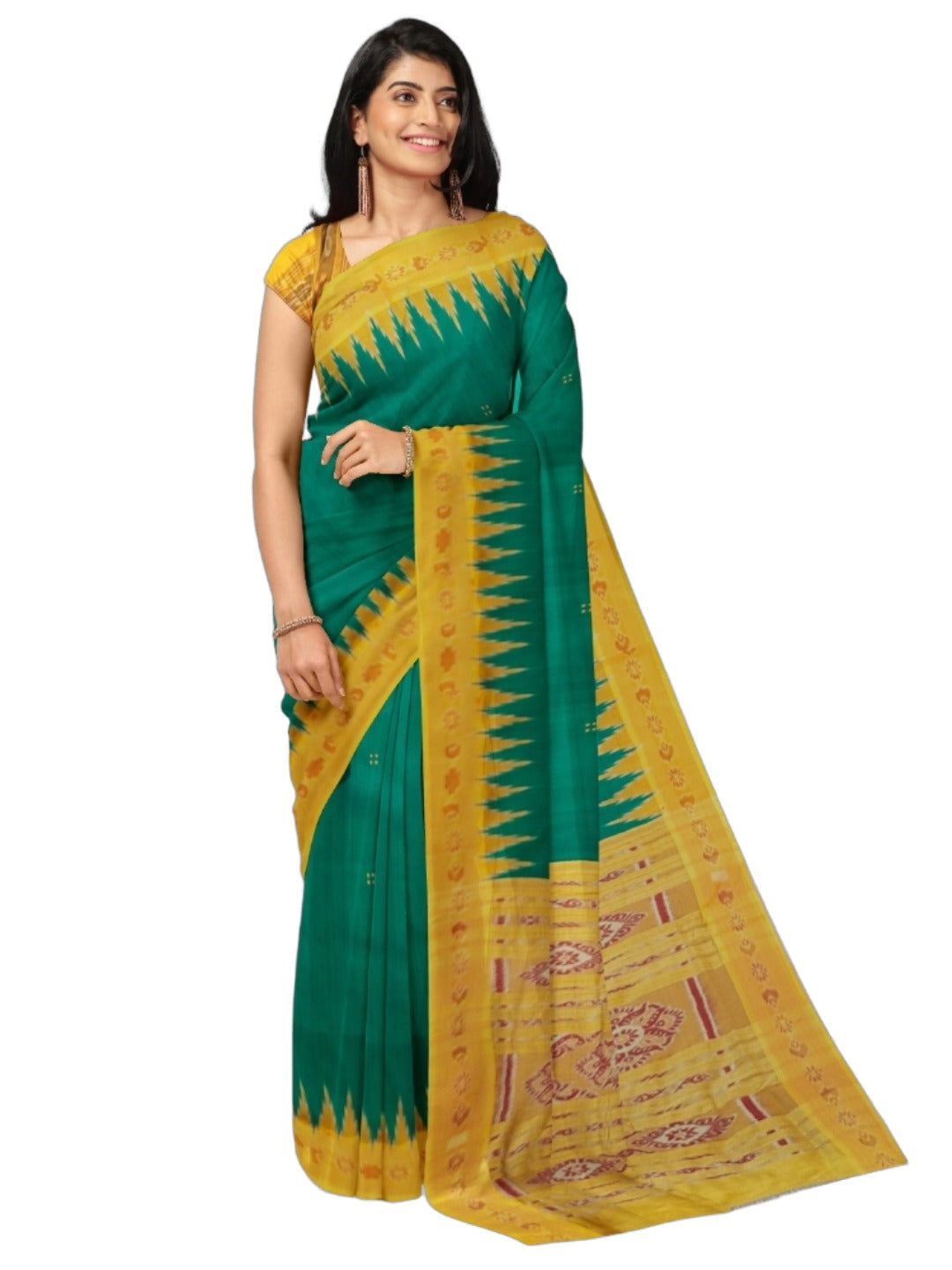 Green Odisha Khandua Pata Silk Saree with cotton ikat blouse piece